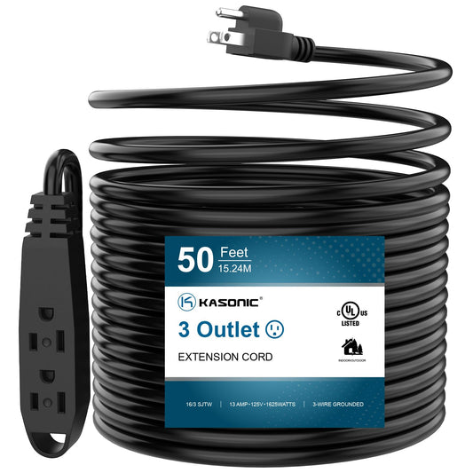 50-Feet 3 Outlet Extension Cord, Kasonic UL Listed, 16/3 SJTW 3-Wire Grounded, 13 Amp 125 V 1625 Watts, Multi-Outlet Indoor/Outdoor Use, Black