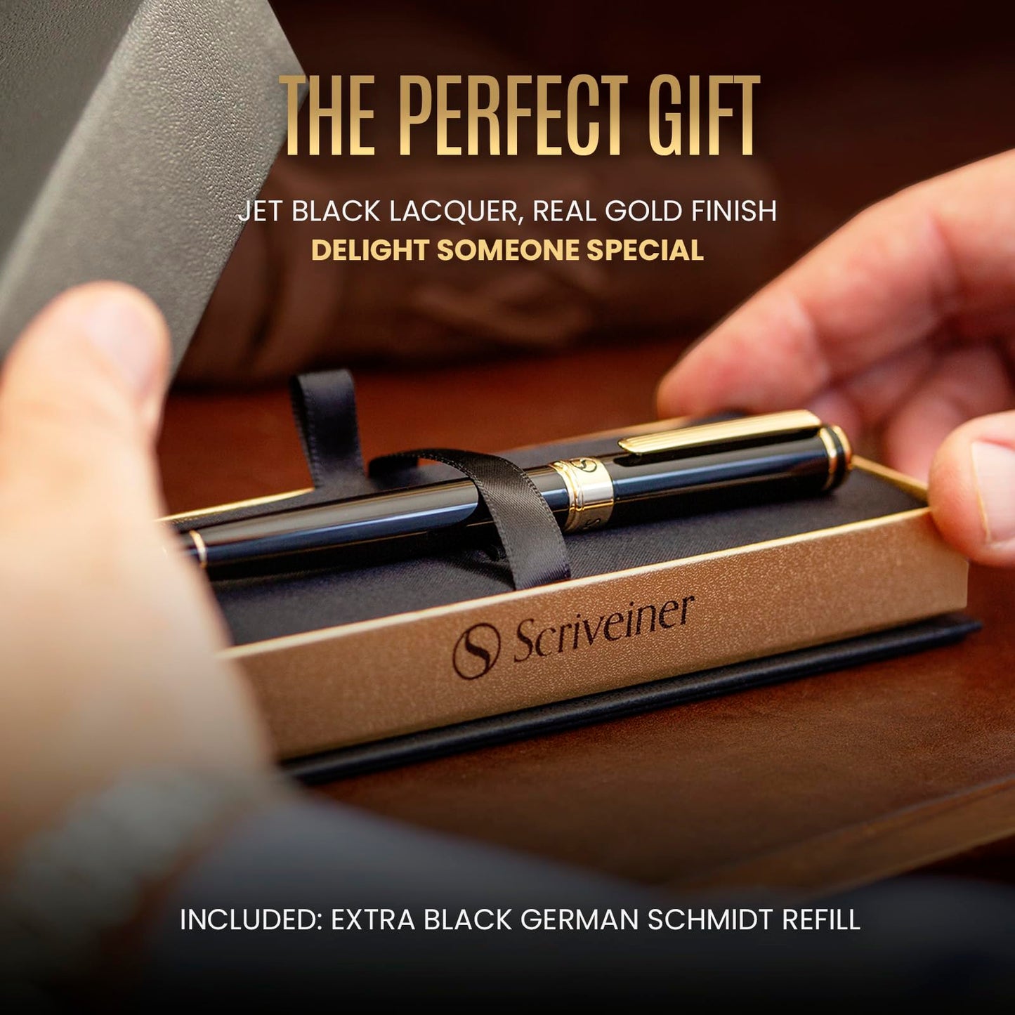 Scriveiner Black Lacquer Rollerball Pen - Stunning Luxury Pen, Real Gold Plating, Schmidt Ink Refill, Best Roller Ball Pen Gift Set for Men & Women, Professional, Executive Office, Nice Pens