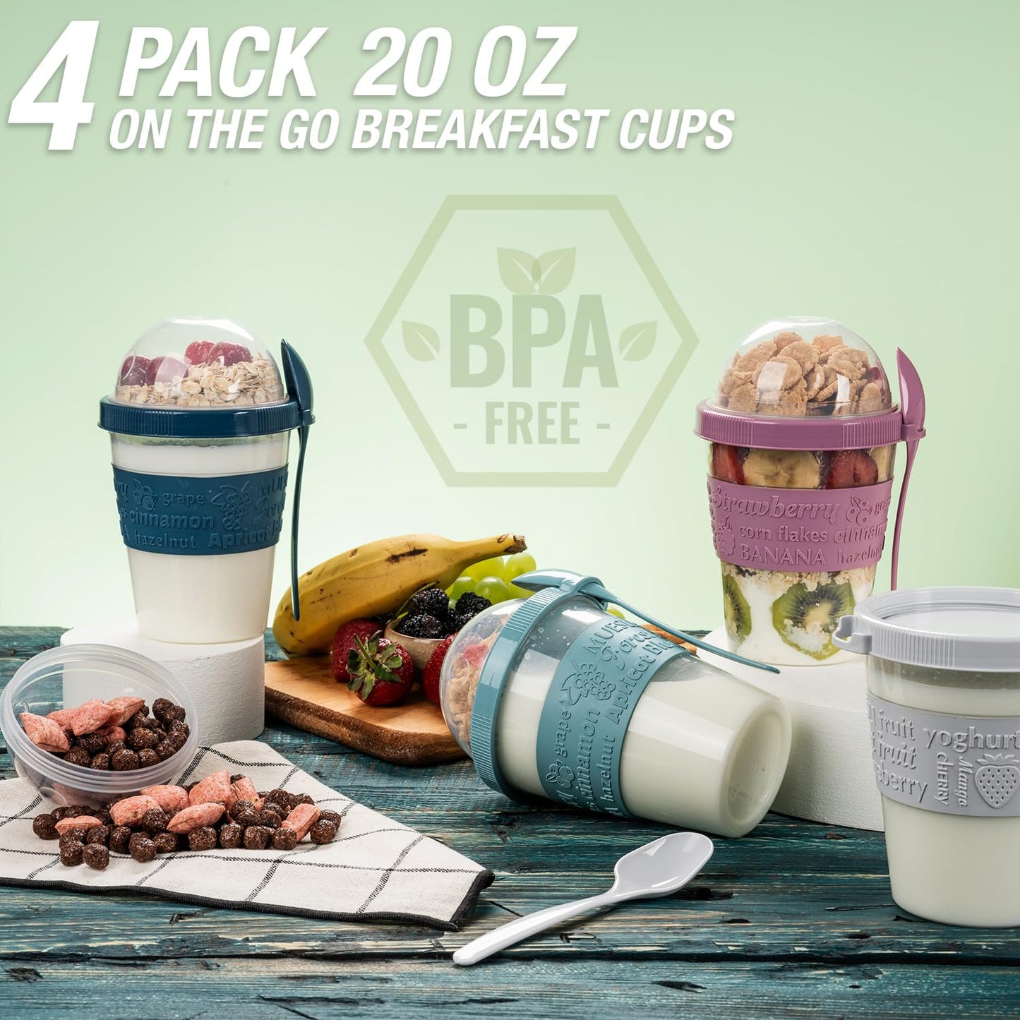 EYNEL On The Go Cereal Yogurt Cups with Lids and Spoon, Overnight Oats Container, Reusable Parfait Plastic Milk Jar Breakfast Crunch Granola Oatmeal Smoothie Snack Prep Bowl To Take Along (4 Pack)