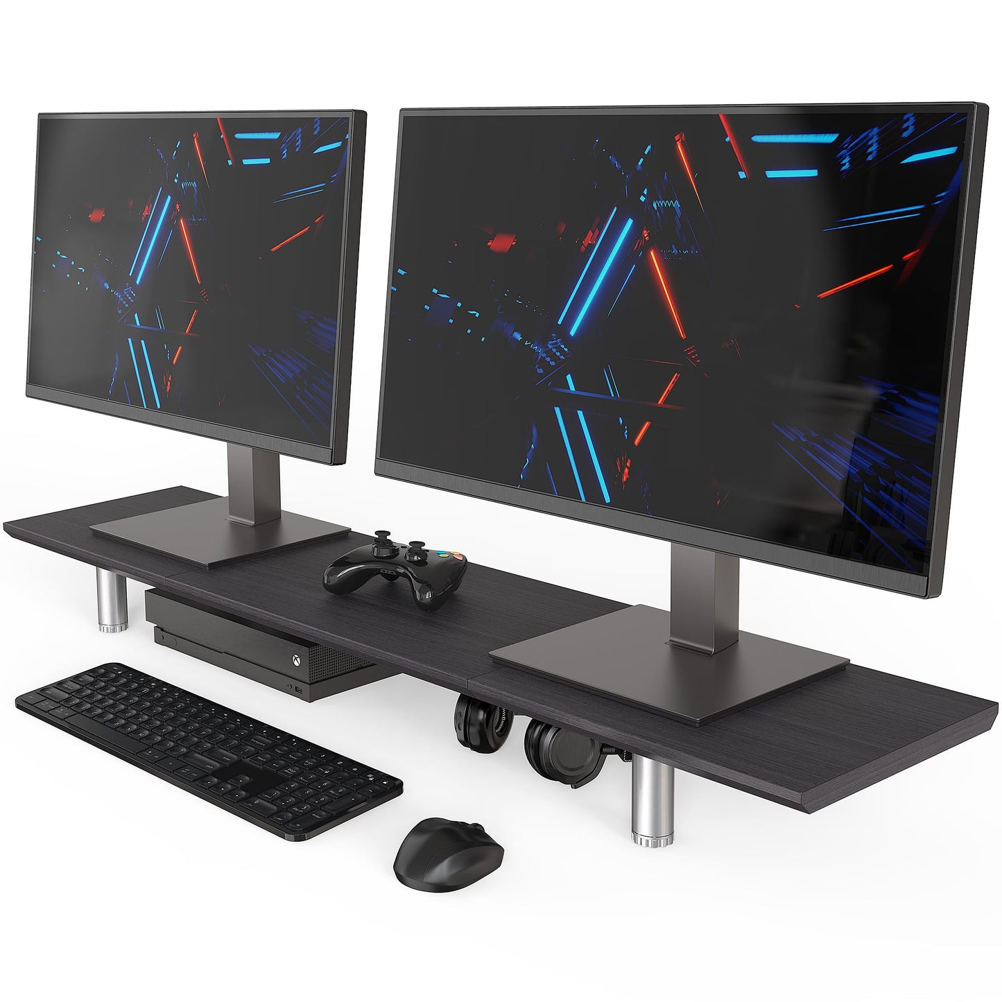 FENGE Dual Monitor Stand Riser, 39.4 Inch Height Adjustable Monitor Riser for Desk, Wood & Steel Monitor Stands for 2 Monitors, Laptop,Printer,TV, Black