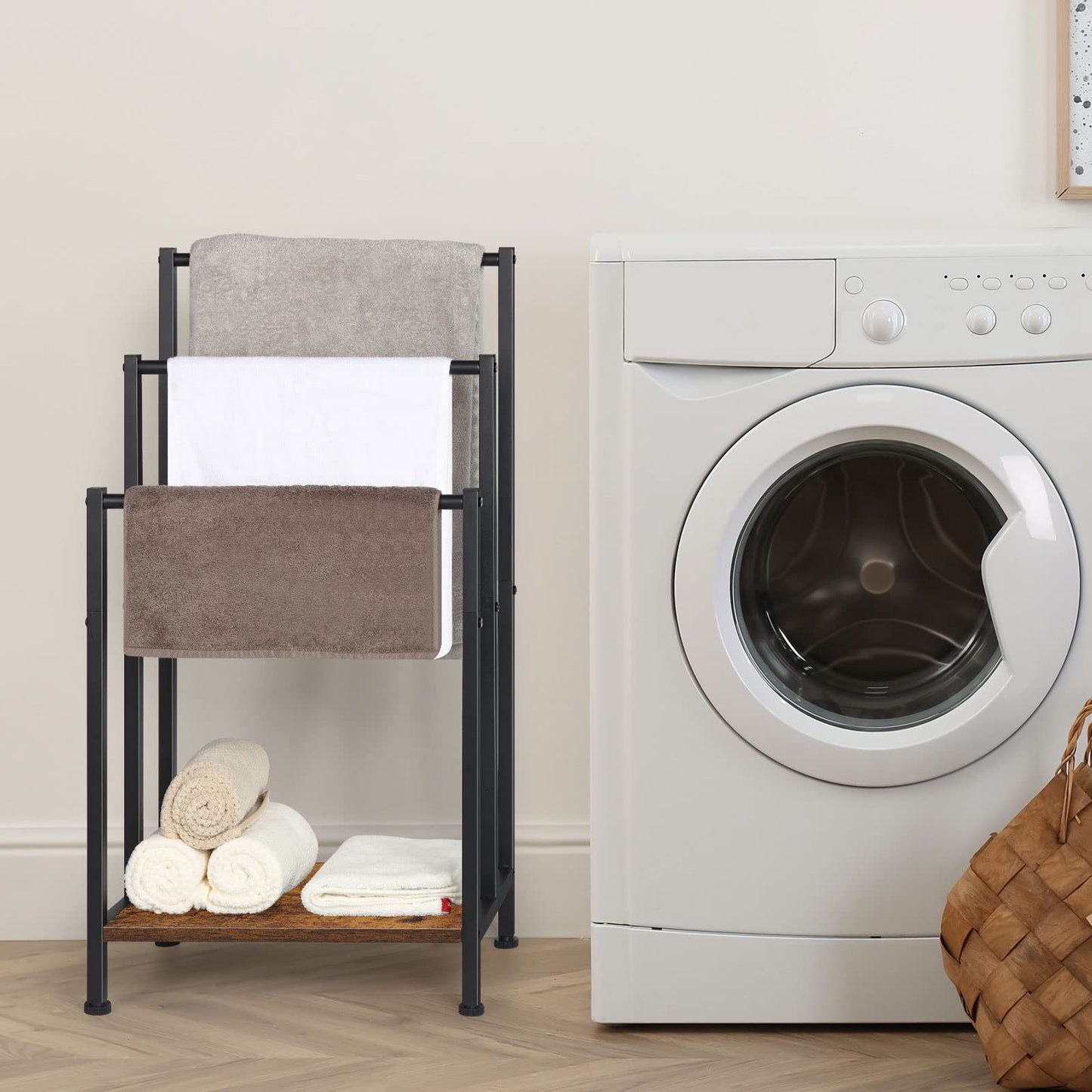 3 Tier Metal Towel Rack Blanket Rack Stand for Bedroom Standing Towel Rack Black Bath Towel Holder Stand (Brown)