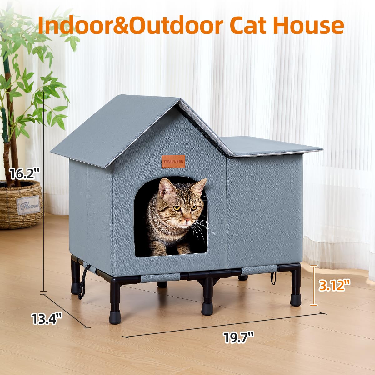 Insulated Cat Shelter Weatherproof Outdoor Cat House with Self-Warming Insulation Raised Bottom and Waterproof Roof for All-Season Protection (Grey, Large)