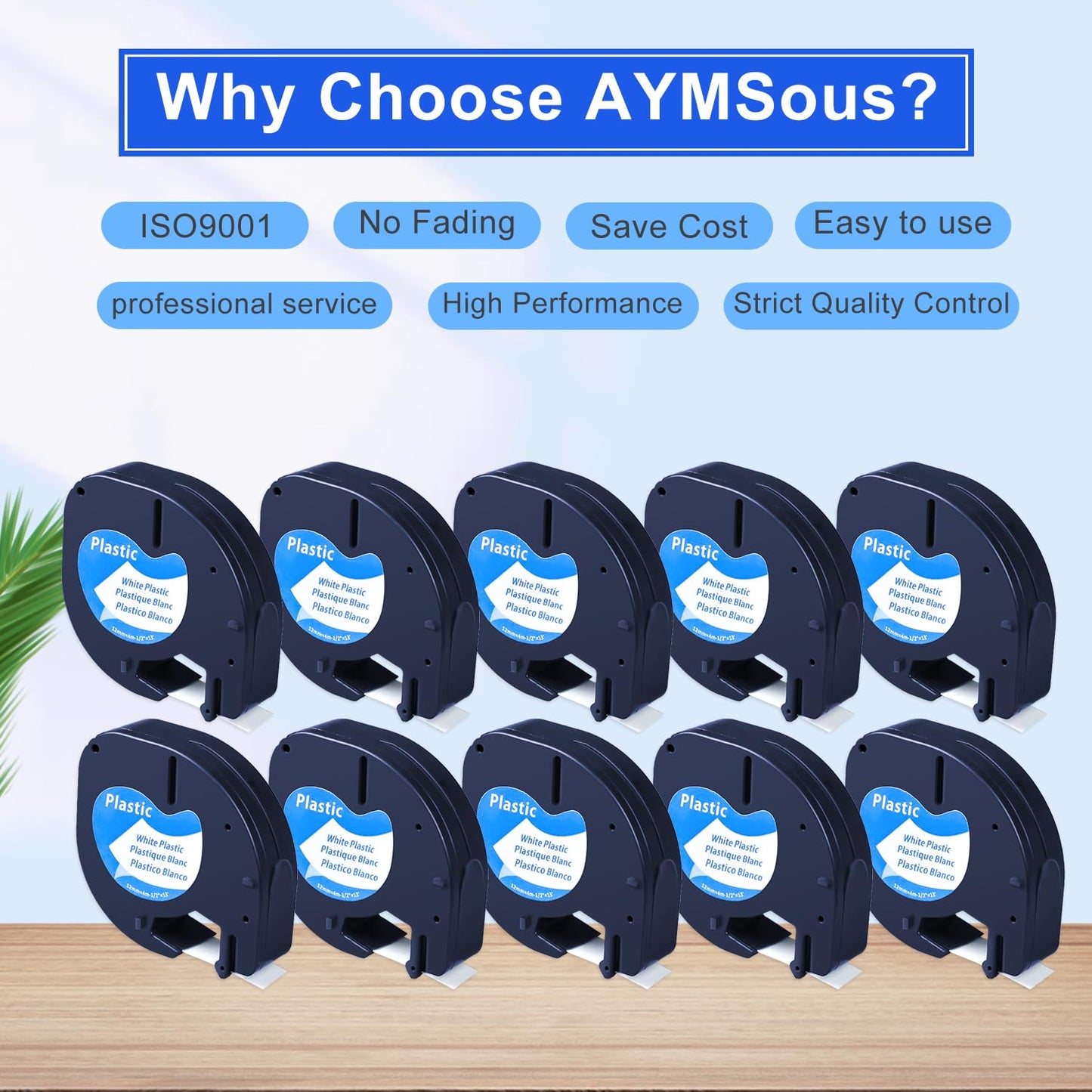 AYMSous Black on White Plastic Tape Label Maker Compatible for Dymo LetraTag Refill 91331, 12mm x 4m (1/2'' x 13') for Dymo Letra Tag Label Maker LT-100H LT-100T LT-110T QX50 (10-Pack)