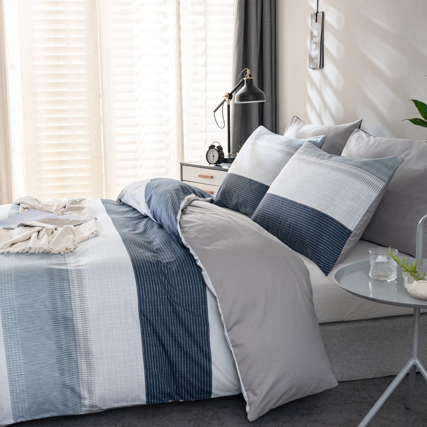 WARMDERN Boho Striped Duvet Cover Set Queen Size Cotton White Grey Bedding Set 3 Piece Ultra Soft Geometric Stripes Duvet Cover with Zipper Closure & Corner Ties 2 Pillowcase(Blue Queen)