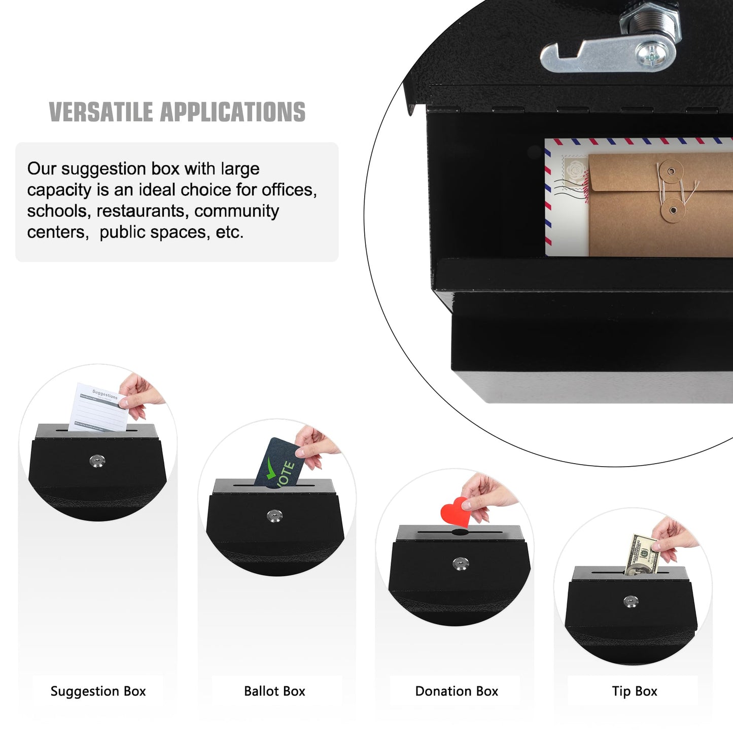 Suggestion Box with Slot and Lock Donation Box with 4 Keys Metal Ballot Box Wall Mount Black