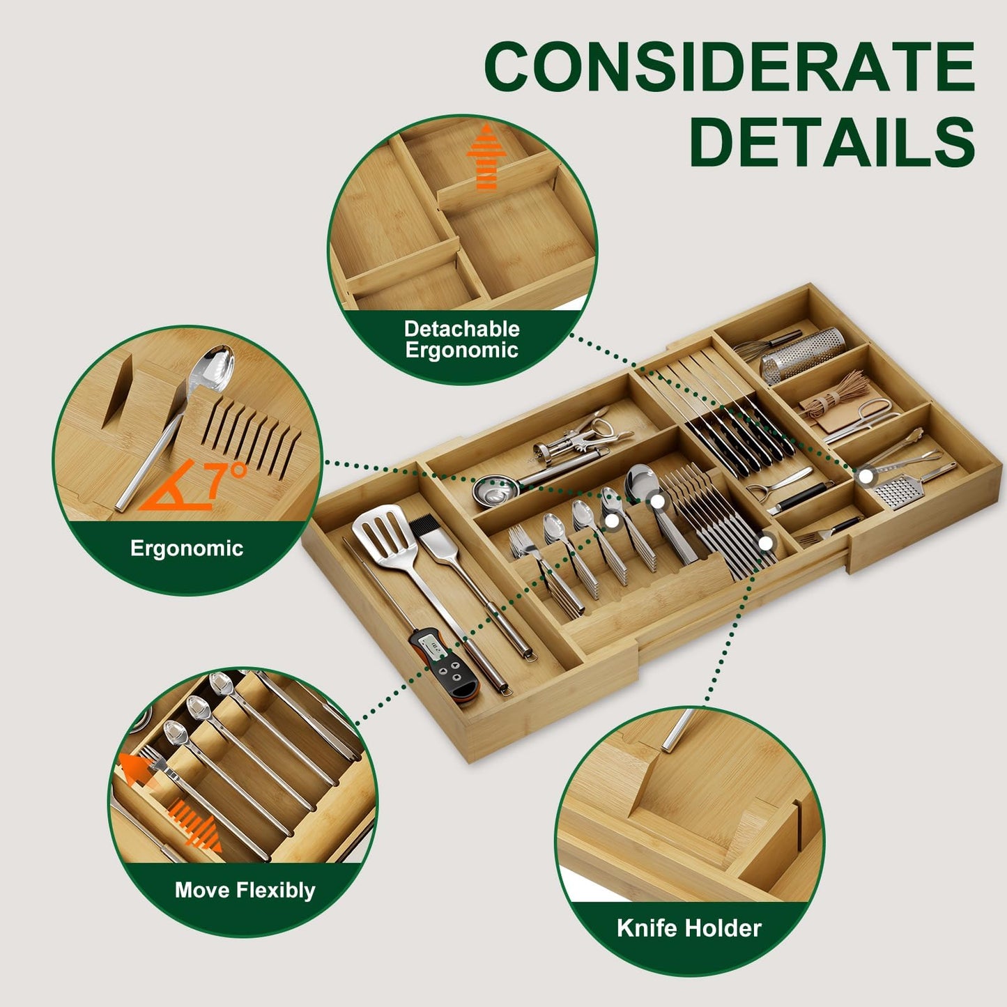 Landmok Large Bamboo Cutlery Organizer, 17.7-29.5 Inch Expandable Utensil Drawer Organizer, 8-Slot Kitchen Drawer Organizer with Removable Card Slots & Knife Block for Spoons Butter Knives, Natural