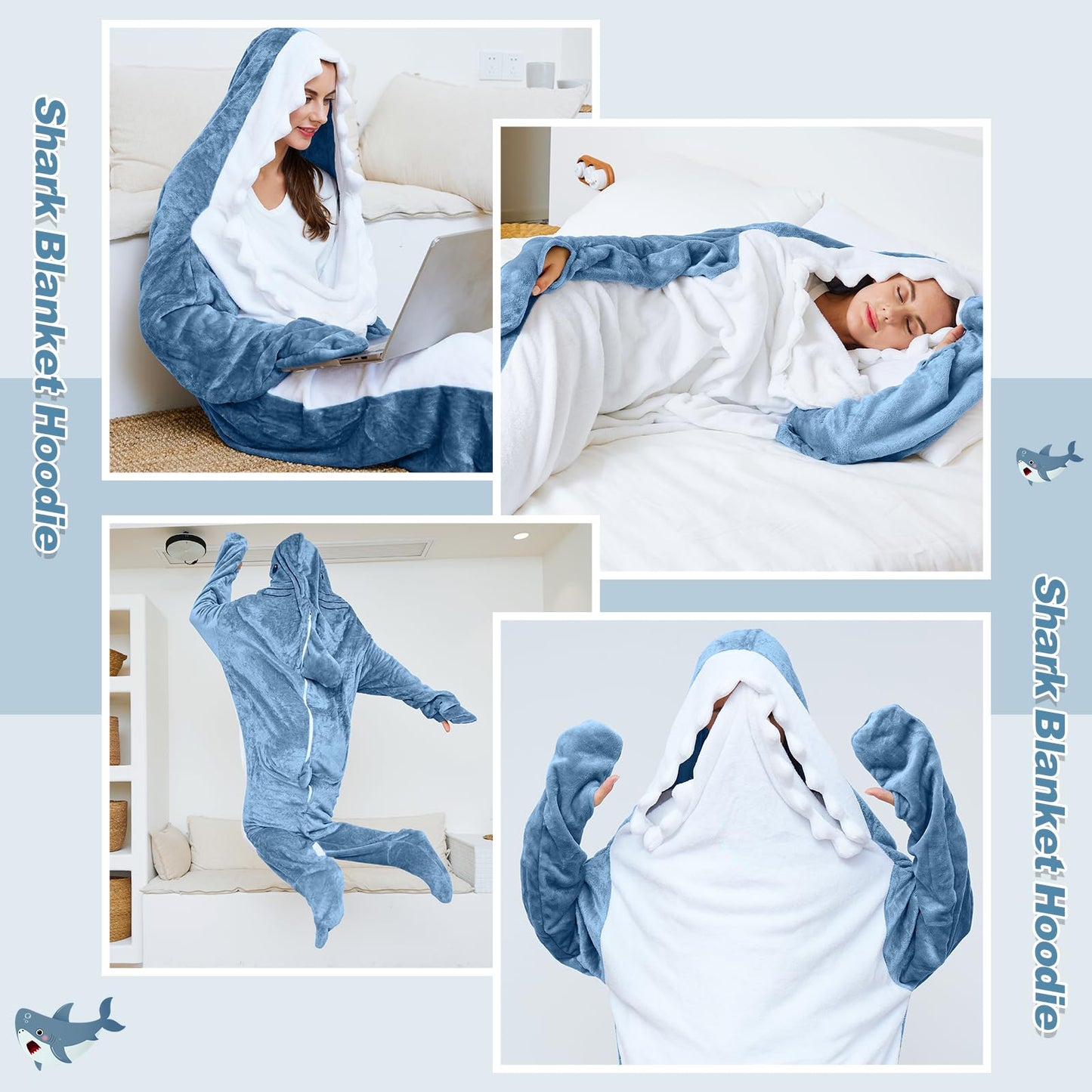 Ambitelligence Shark Blanket Hoodie Onesie for Adults and Kids, Cozy Flannel Shark Costume Sleeping Bag Grey