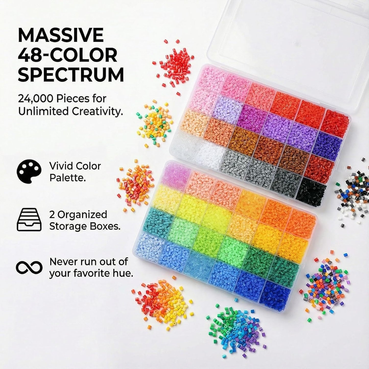 LIHAO 24000PCS Mini Fuse Beads 48 Colors 2.6MM DIY Iron Fuse Beads Decoration Toys Set (2 Pegboards + 2 Tweezers + 2 Ironing Papers)