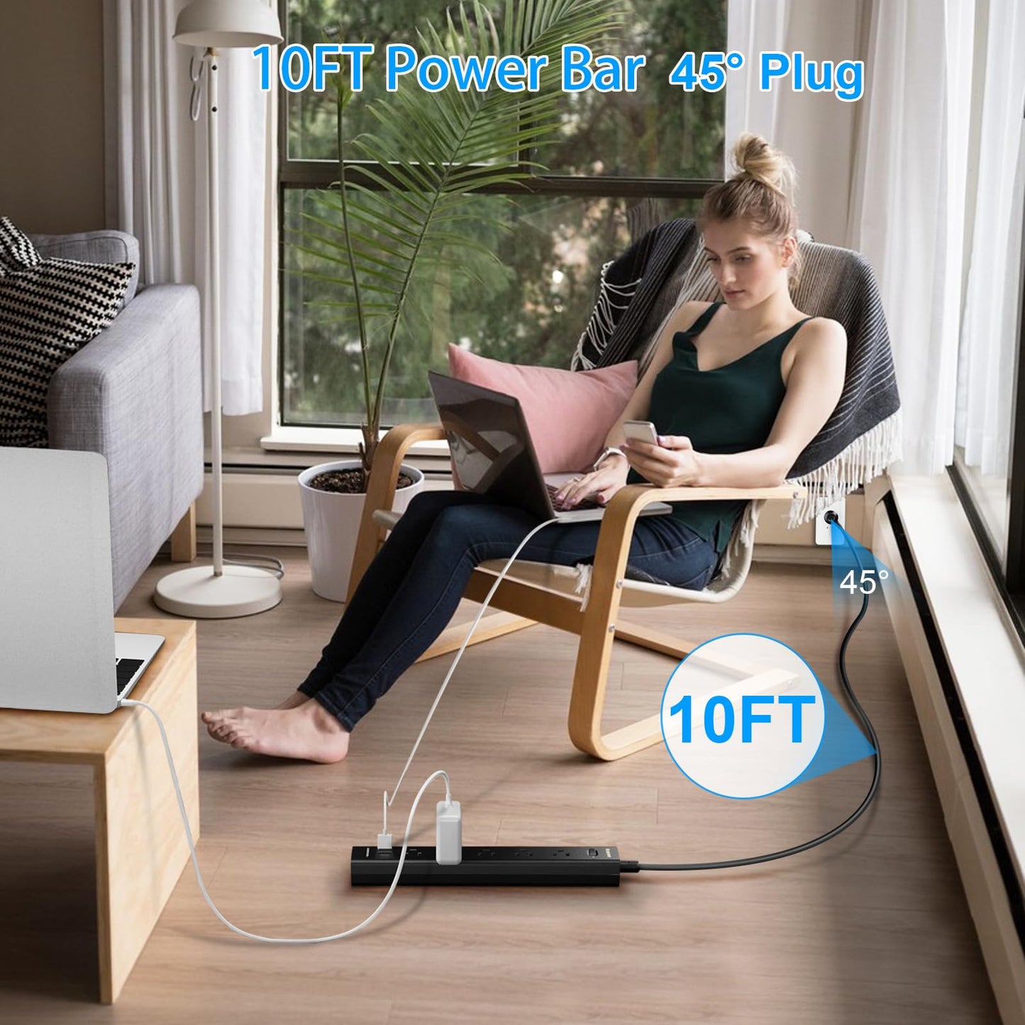 10FT Extension Cord Power Bar -Surge Protector Power bar with 5 Widely Outlets and 3 USB Ports(1 USB C Port),Flat Plug Extension Cord(1250W/10A),Wall Mount for Home Office,700 J(2 Pack)
