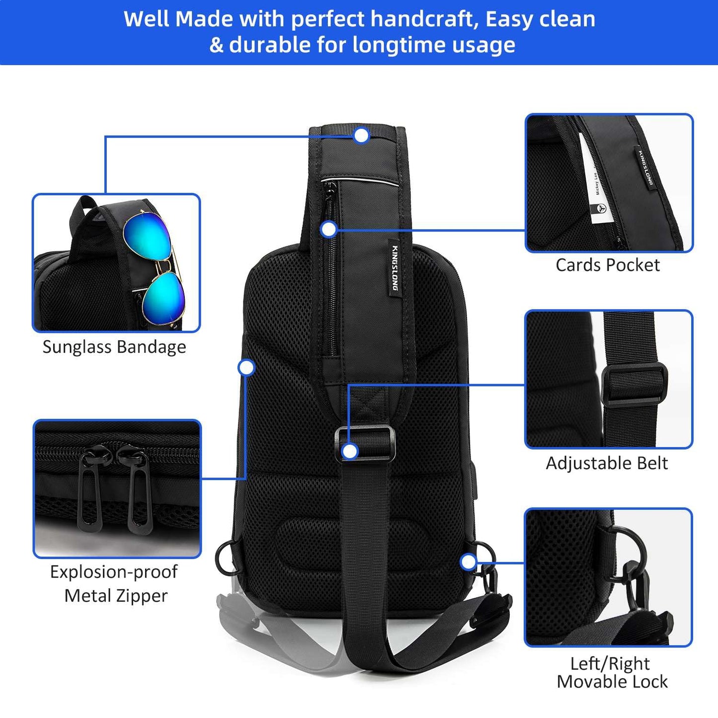 Sling Bag for Men Women, 900D Waterproof Fabric, USB Charging Port, Smart Strap with Card Pocket, Breathable Back Design for Daily Commute Travel Weekend Dates