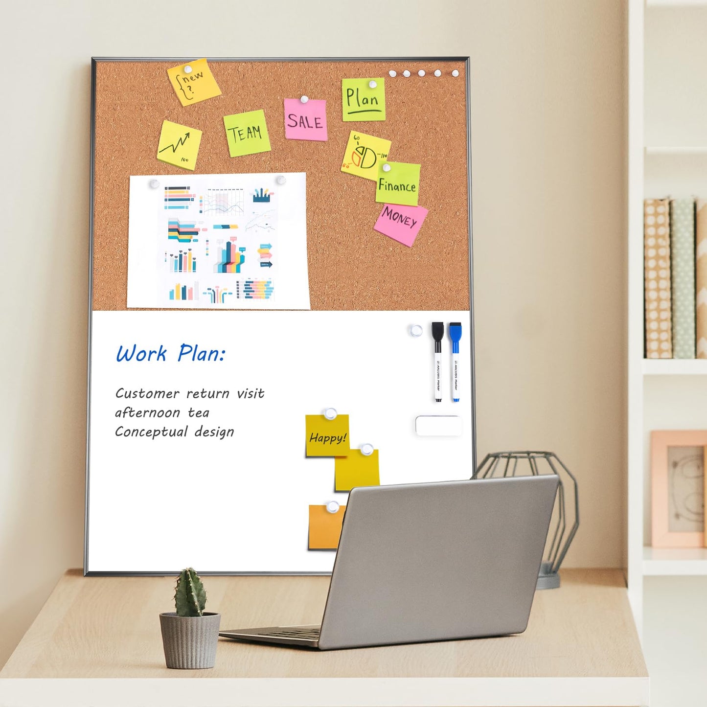 Dry Erase Cork Board Combo, ARCOBIS 24"X18" Bulletin White Board for Wall, Magnetic Corkboard, Vision Whiteboard for Office,Home,School Black Frame