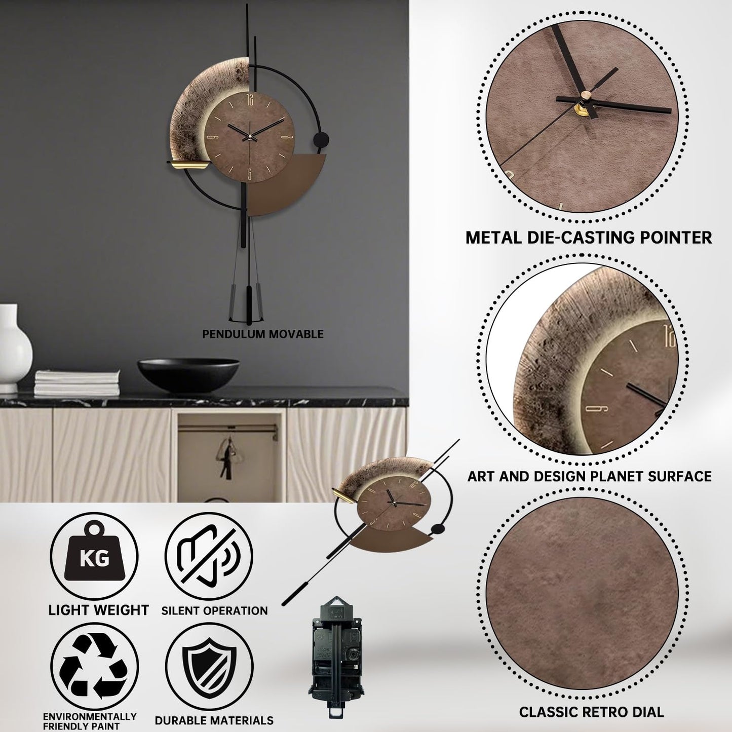 Wall Clock,Decorative Wall Clocks with Pendulum,Silent Quality Quartz Clock Battery Operated,Large Clock for Living Room,Kitchen,Home,Bathroom,Bedroom Wall Decor,16.5 * 31.5inch