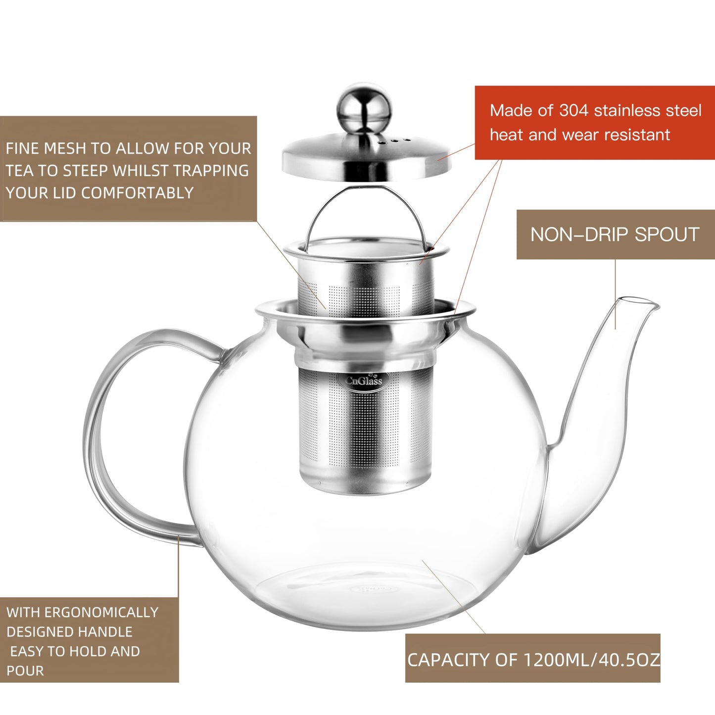 CNGLASS 40oz Glass Teapot with Removable Infuser,Clear Tea Kettle Stovetop Safe,Blooming and Loose Leaf Tea Maker Set