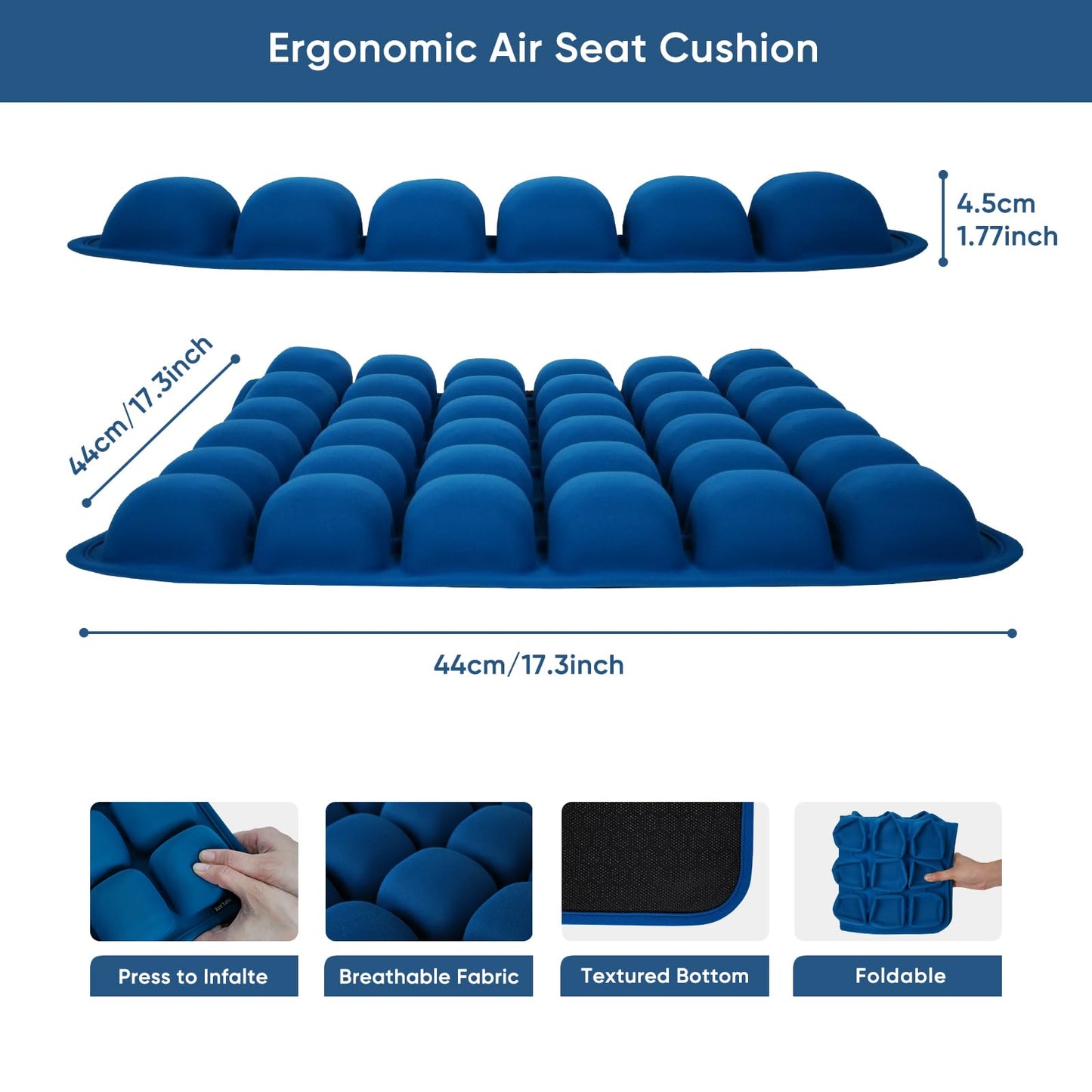 Hexara Ergonomic 3D Air Seat Cushion, Inflatable Airplane Seat Cushion for Long Flights, Travel Cushions for Office Chair, Car, Wheelchair, Adjustable Comfort with Built-in Air Pump(Blue)