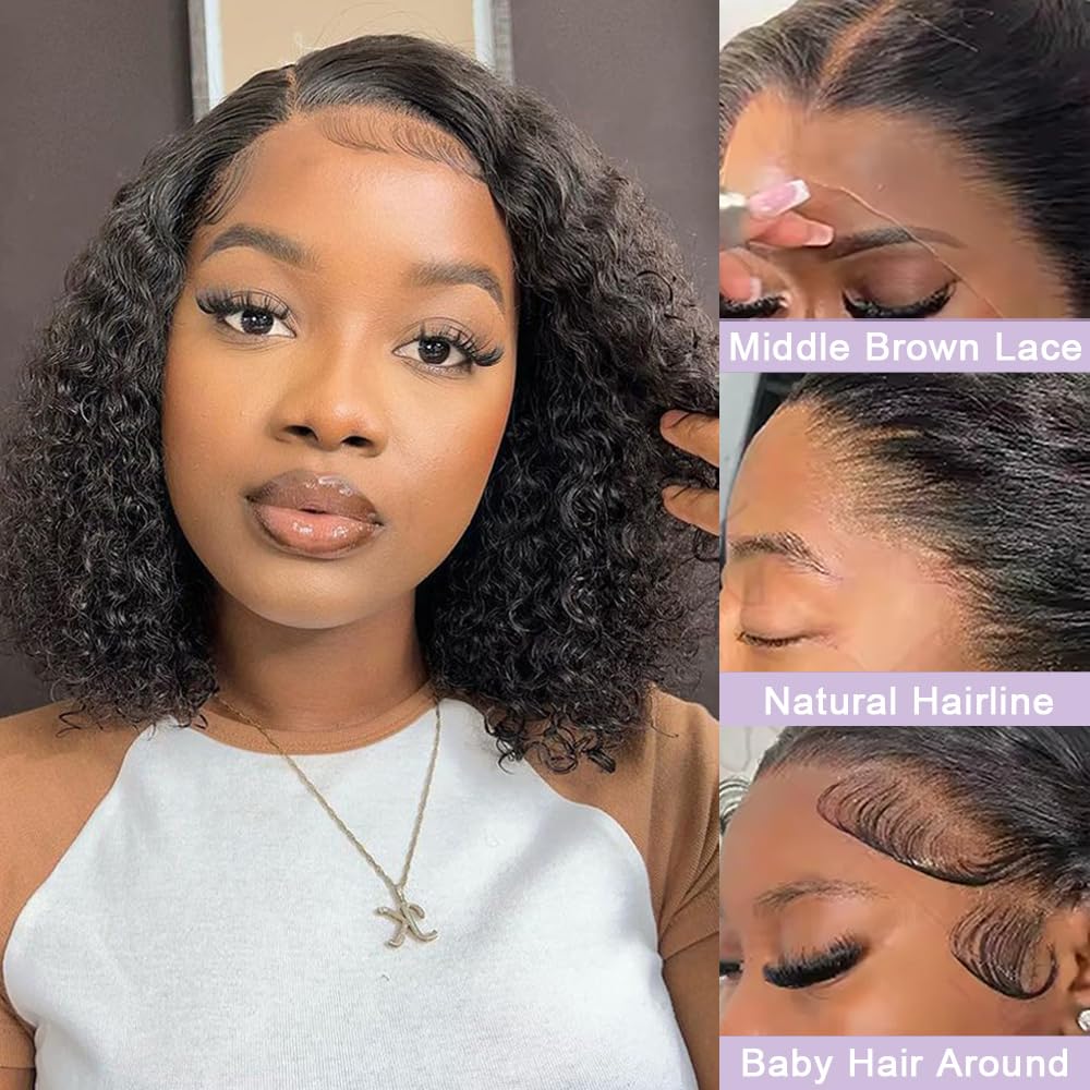 14 Inch Jerry Curly Bob Wig Human Hair 13x4 Middle Brown Lace Front Wig with Baby Hair 180% Density Small Curly Wigs for Black Women Natural Color