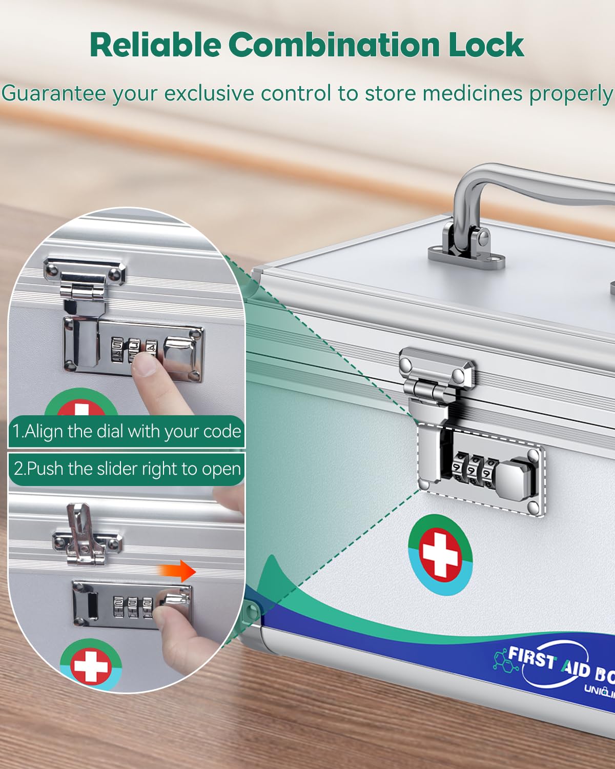 Uniclife Medicine Box Emergency Box with Combination Lock and Handle Metal Lockable Medicine Storage Box, 10" x 6" x 6.5"
