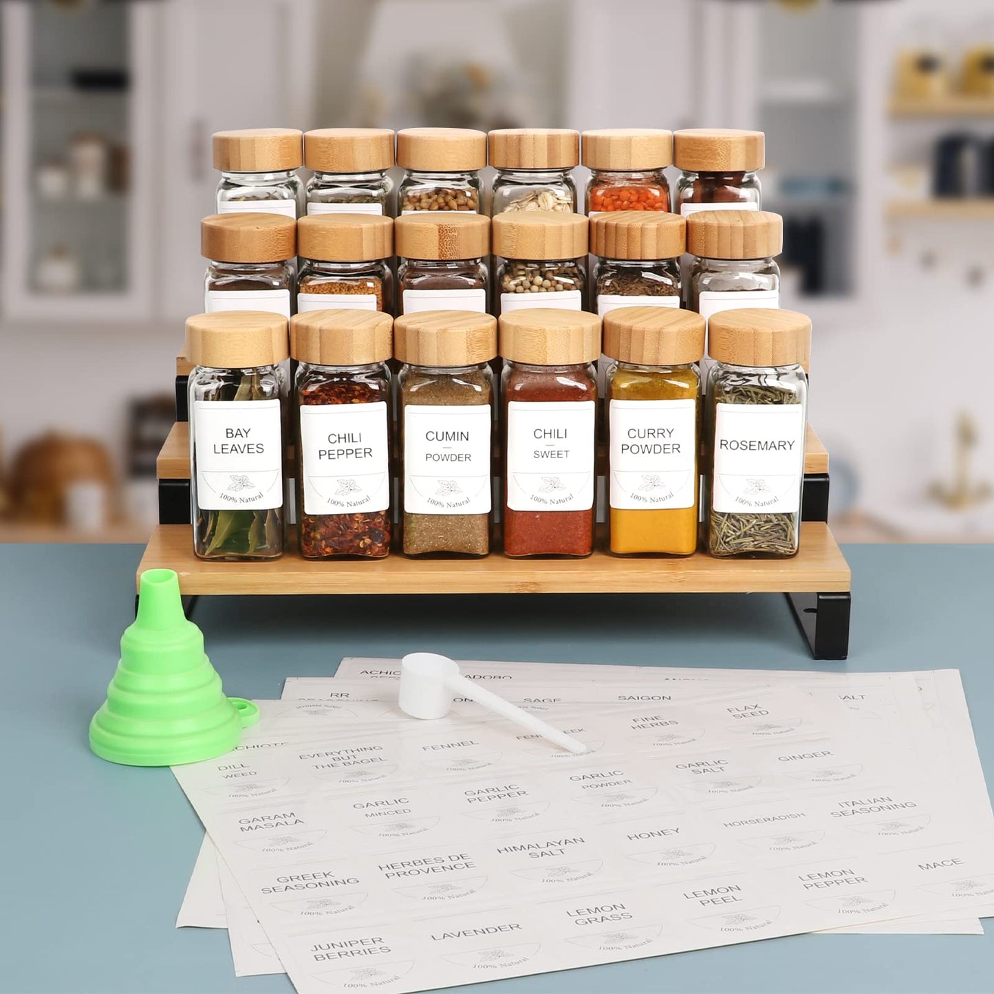 16 Pack 4 oz Small Square Glass Spice Jars with Bamboo Lids, 120 ml Empty Spice Containers with Shaker Lids & Blank/Printed Labels for Kitchen Cabinet Organization