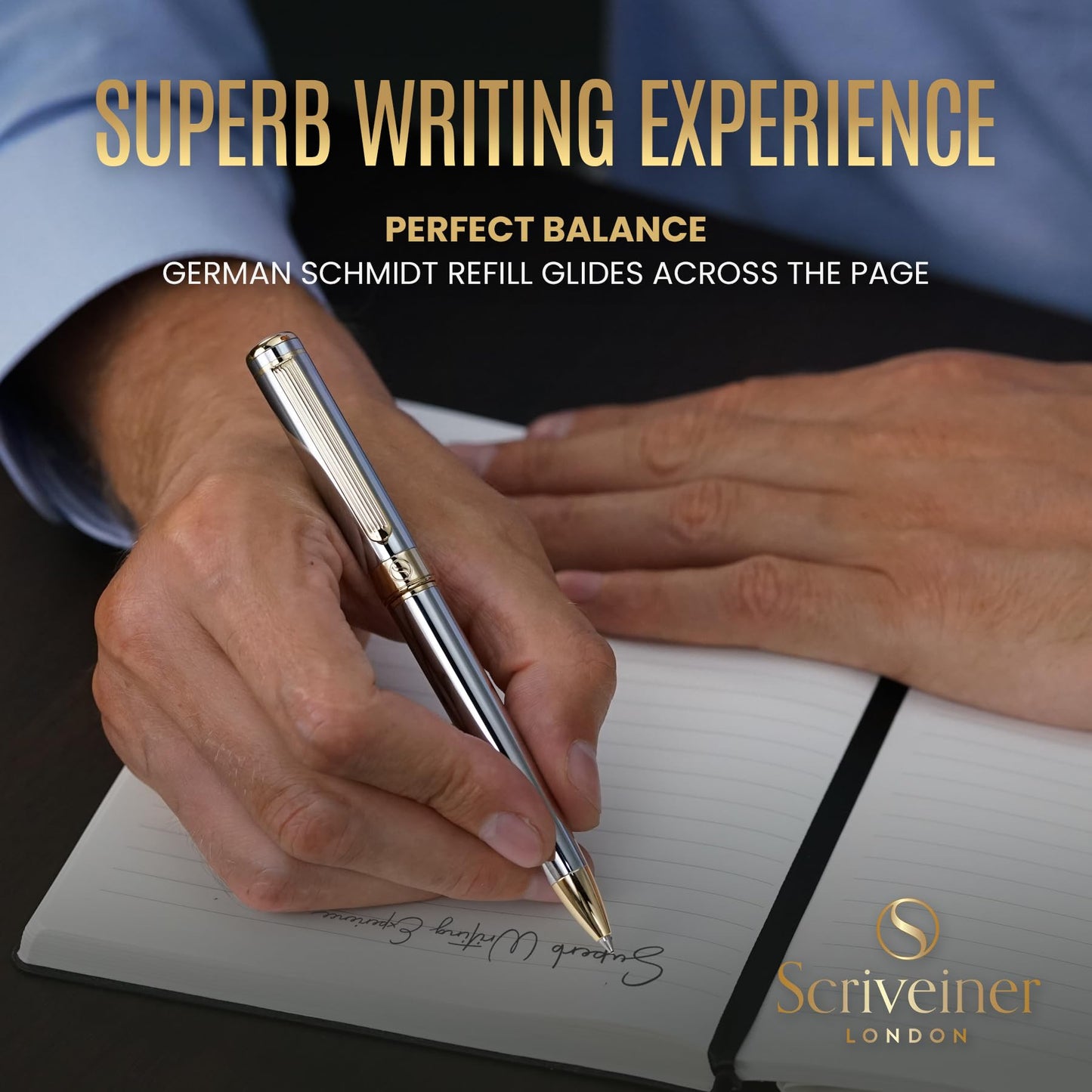 Scriveiner Silver Chrome Ballpoint Pen - Stunning Luxury Pen, Real Gold Plating, Schmidt Black Refill, Best Ball Pen Gift Set for Men & Women, Professional Executive Office, Nice Fancy Designer Pens