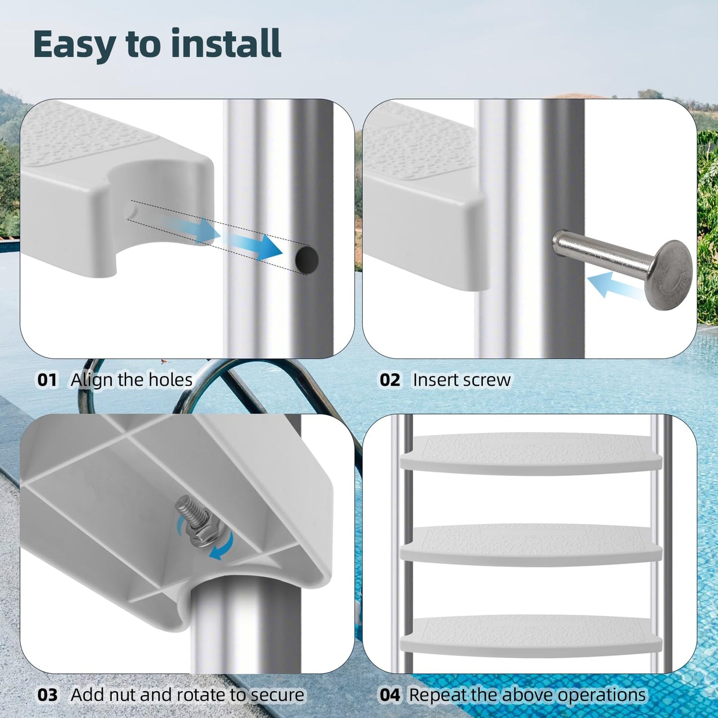 TonGass (6-Pack, White) 18" Universal Swimming Pool Ladder Rung Step Replacement with Stainless Steel Bolts Compatible with Inground Above Ground Pool Heavy-Duty Molded Plastic Ladder Step Parts