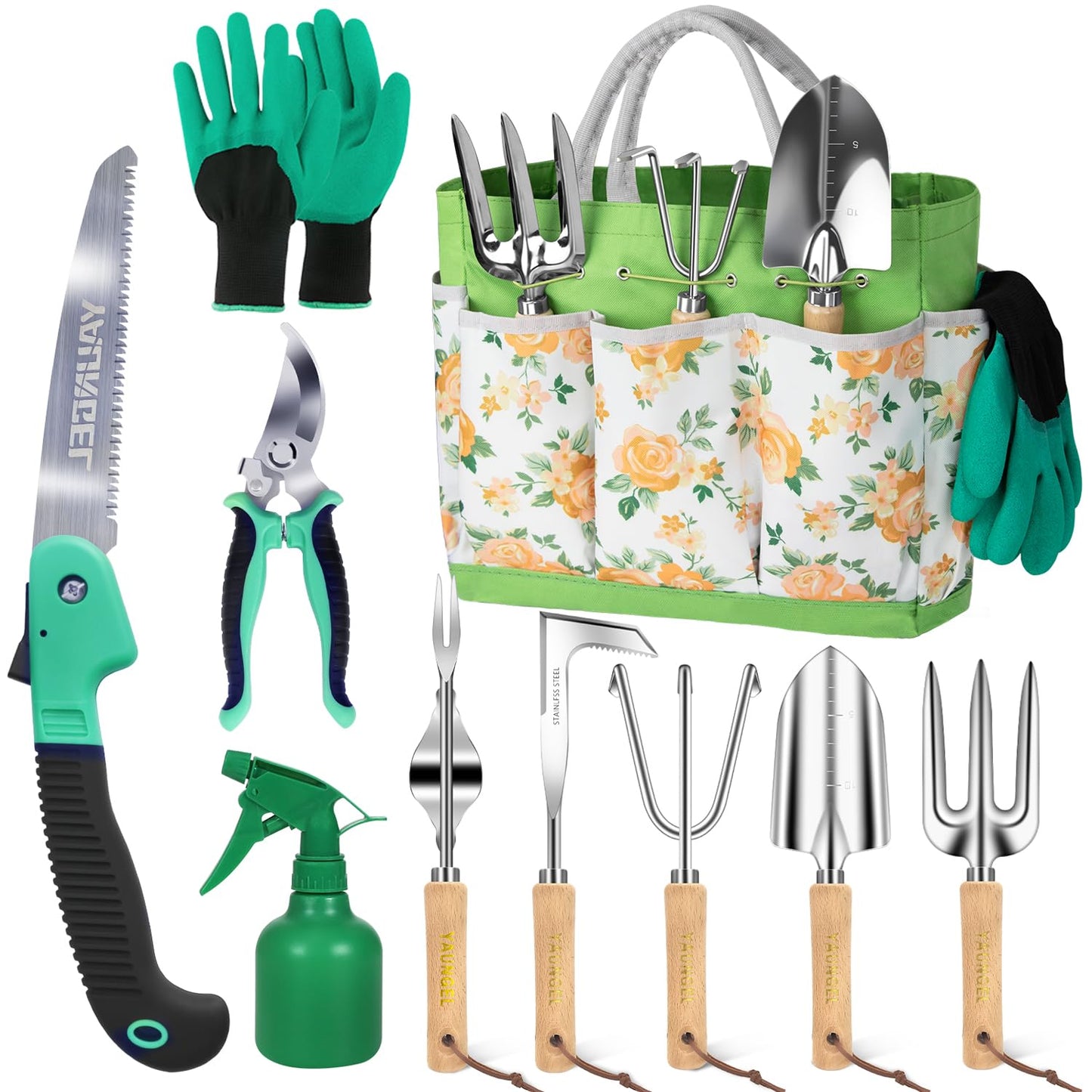 Gardening Tool Set for Women - 10 Piece Heavy Duty Stainless Steel Garden Tools Kit with Ergonomic Non-Slip Handle and Stylish Storage Tote Bag, Ideal Gardening Gifts for Mom, Grandma, Gardeners
