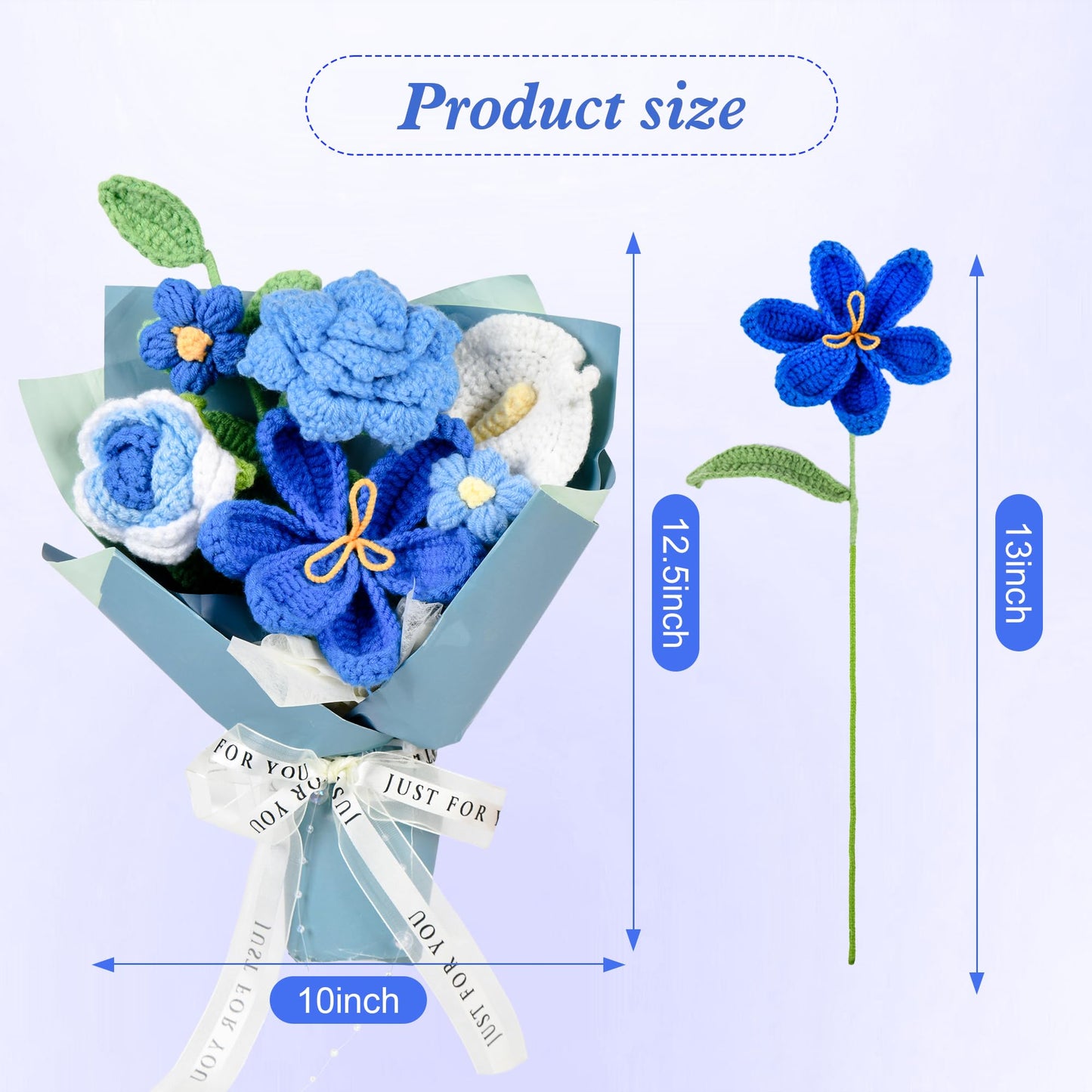 MengxFly Crochet Flower Bouquet Blue, Graduation Flowers Bouquet, Handmade Knitted Floral Gift for Her, with Gift Box, Bag and Card