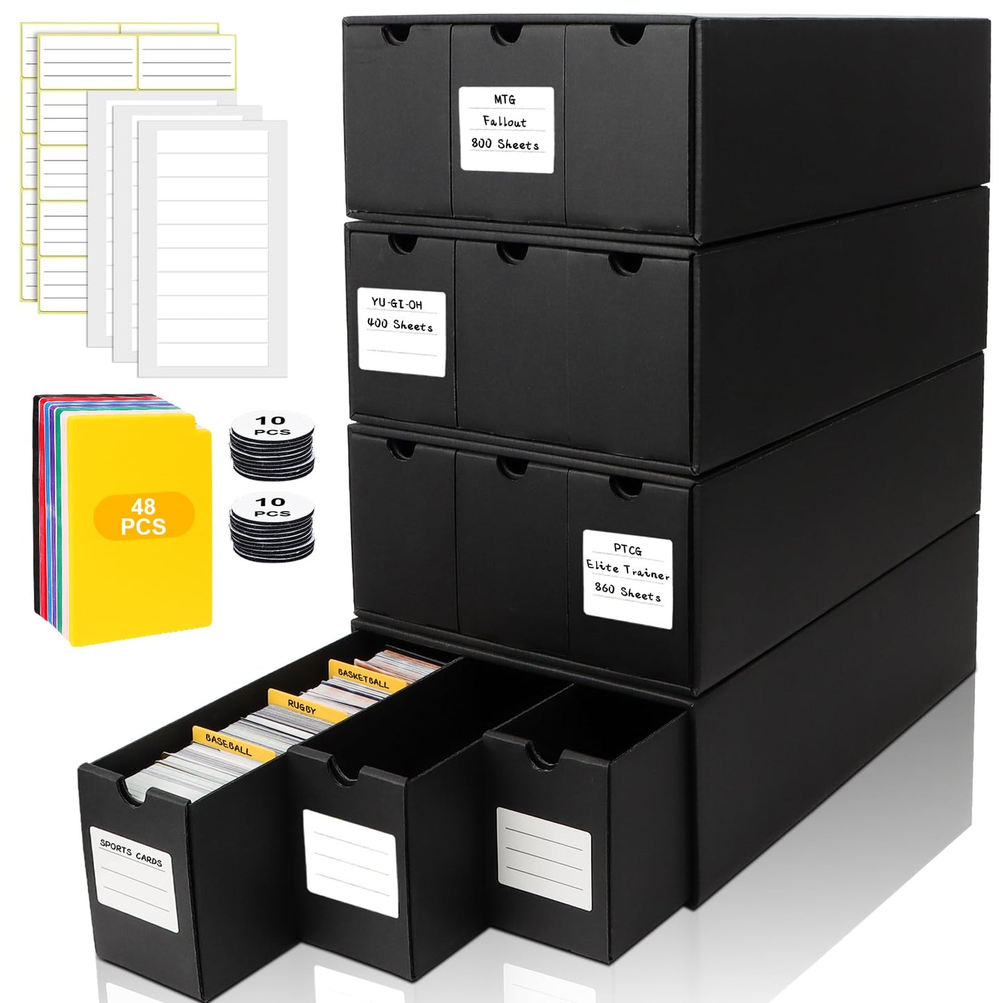 QLOUNI Trading Card Storage Box, Includes 12-600 CT Boxes & 48 Card Dividers, 12000+ Trading Card Organizer for Collectible Games, for TCG, YuGiOh, MTG, PTCG (12-600 CT Boxes)