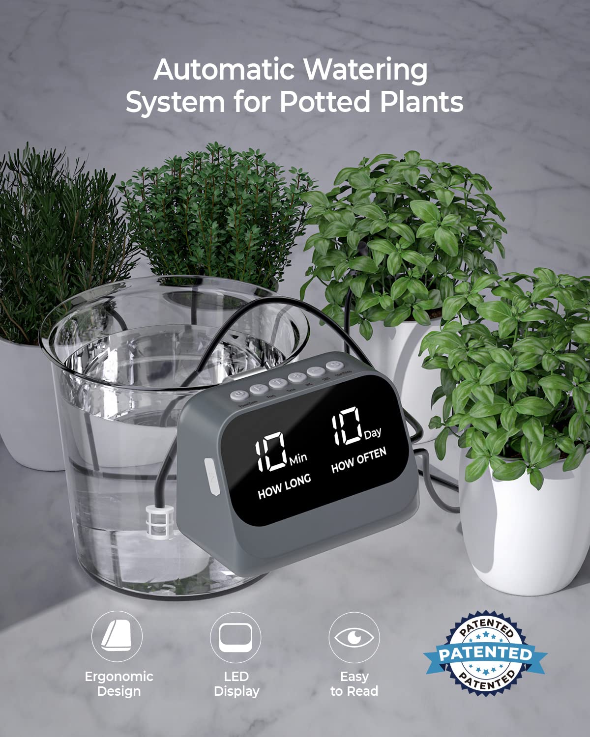 Automatic Watering System for Potted Plants, Plant Waterer, DIY Drip Irrigation Kit with Smart Timer, Waterproof LED Display & Large Capacity Battery, Precise Distribution of Water, White (Gray)