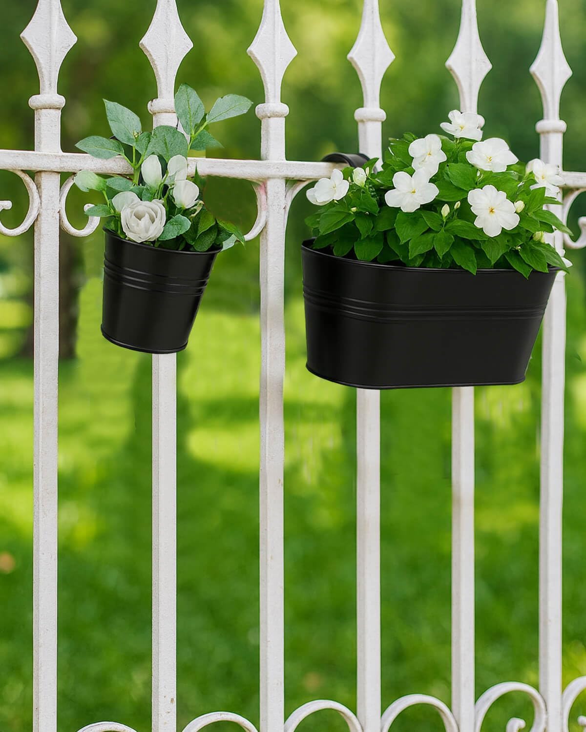 Black Metal Railing Planter for Outdoor Plants - 10 Pack Balcony Hanging Planter Box with Detachable Hooks and Drain Holes Oval Hanging Pots Fence Planters for Railing Garden Fence (11 & 4 Inch)