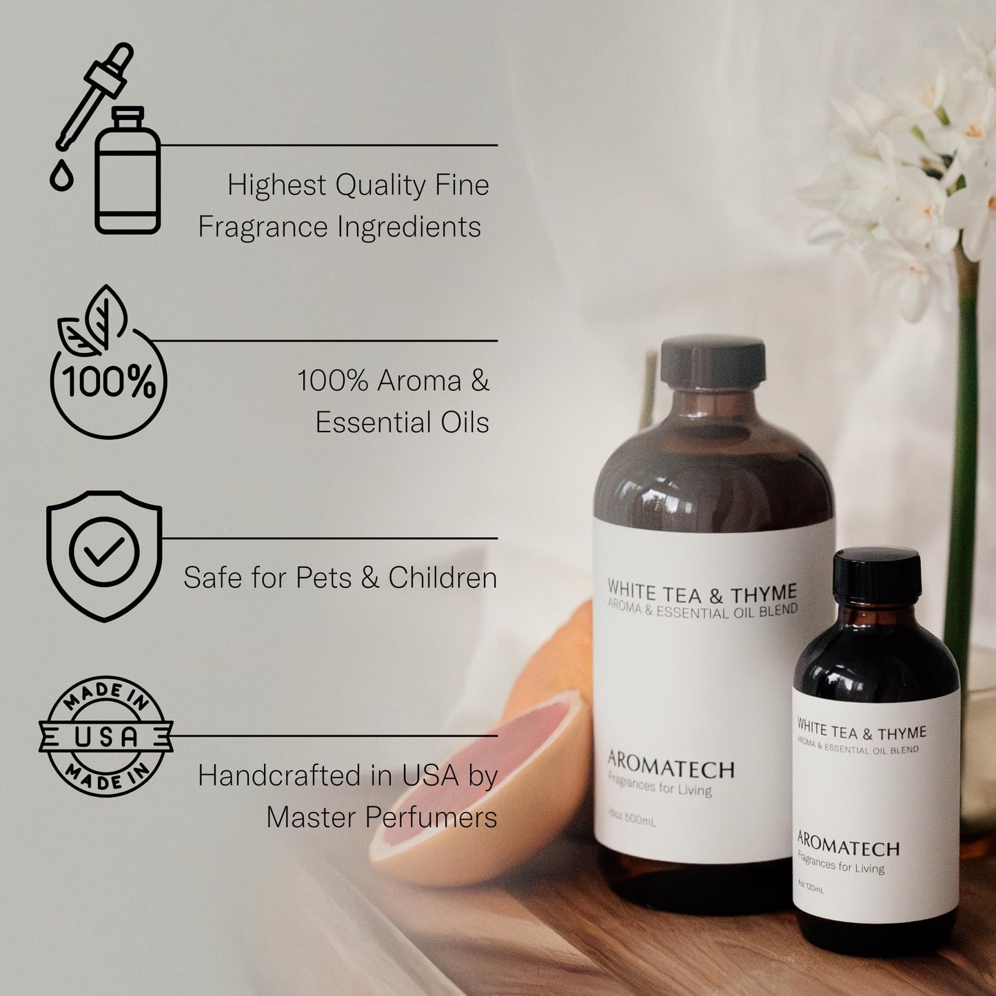 AromaTech White Tea & Thyme Premium Aroma Oil – Crisp & Delicate Home Fragrance with Notes of Tea Leaf, Fresh Thyme & Amber for Scent Diffusers, Cold-Air and UltraSonic Scent Machines – 120 mL