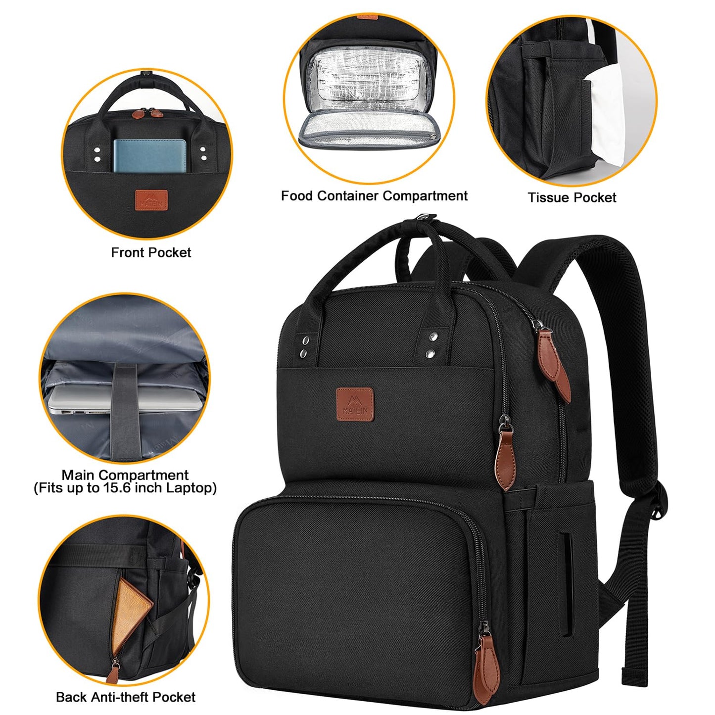 MATEIN Lunch Backpack for Women, Insulated Cooler Backpack with USB Port, 15.6 inch College Laptop Backpack Reusable Water Resistant Work Backpack for Work Beach Camping Picnics Hiking Womens Gift