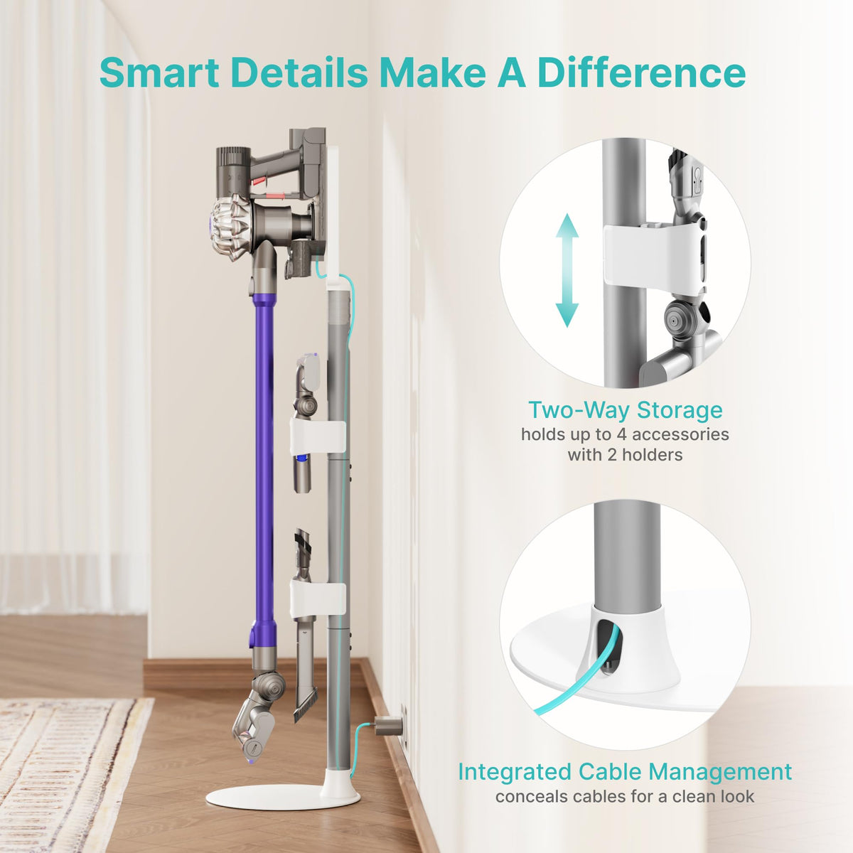 PEGZONE Vacuum Cleaner Stand, Compatible with Dyson Gen5 V15 V12 V11 V10 V8 V7 V6, Vacuum Holder with 2 Removable Accessory Clips, Cordless Vacuum Attachment Organizer with Built-in Cable Slot, White