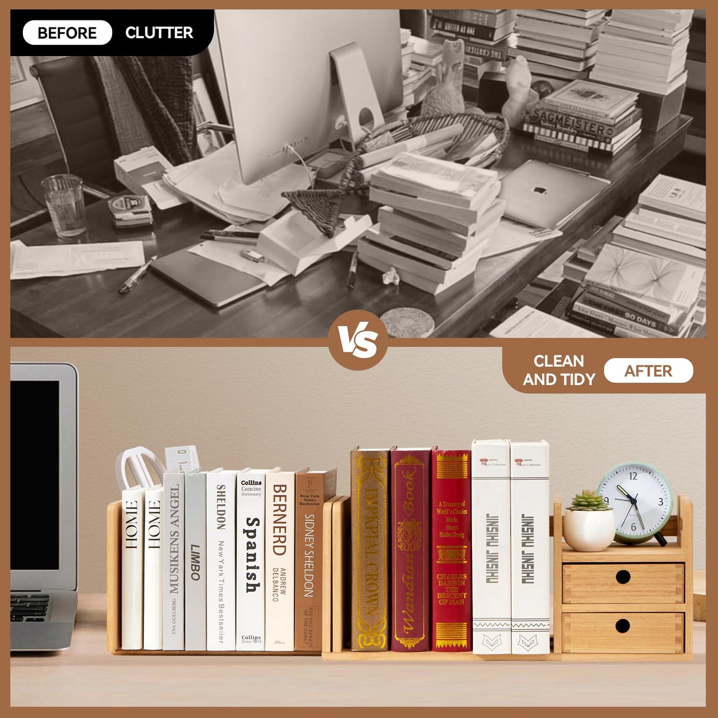 KIRIGEN Wood Adjustable Desk Orangizer Storage Expanable Desktop Bookshelf Fully Assembled Bookcase Adjustable Book Rack with Drawer for Office SSSJ-L-NA