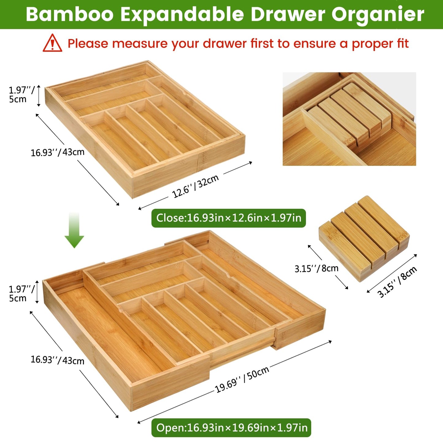 Expandable Cutlery Organizer, 7-9 Slot Bamboo Utensil Drawer Organizer with 2 Removable Knife Blocks, Adjustable Wooden Cutlery Tray Holder Kitchen Drawer Organizer for Silverware, Flatware