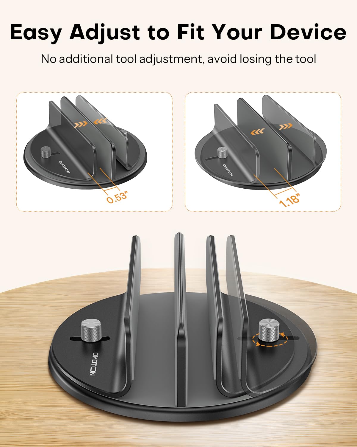 OMOTON 360° Rotating Vertical Laptop Stand Holder, Aluminum Dual-Slot Desk Organizer for MacBook & iPad, Sides Knob Adjustment (No Lost Screws), Holds Laptop, Tablet, Book & Keyboard, Fits up to 17.3"
