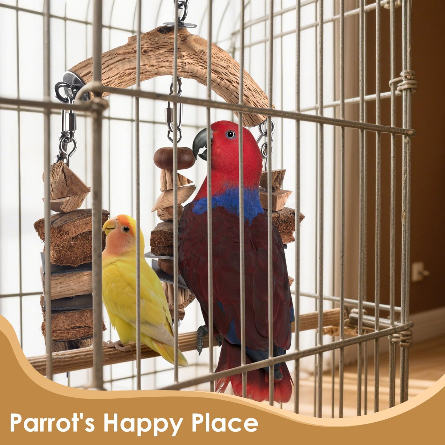 DBNESS Large Bird Parrot Toys, Birds Wooden Chew Blocks with Stainless Steel Cage Hanging Bite Toy for Macaws, African Greys, Cokatoos, Amazon Parrots and Small Medium Parakeets