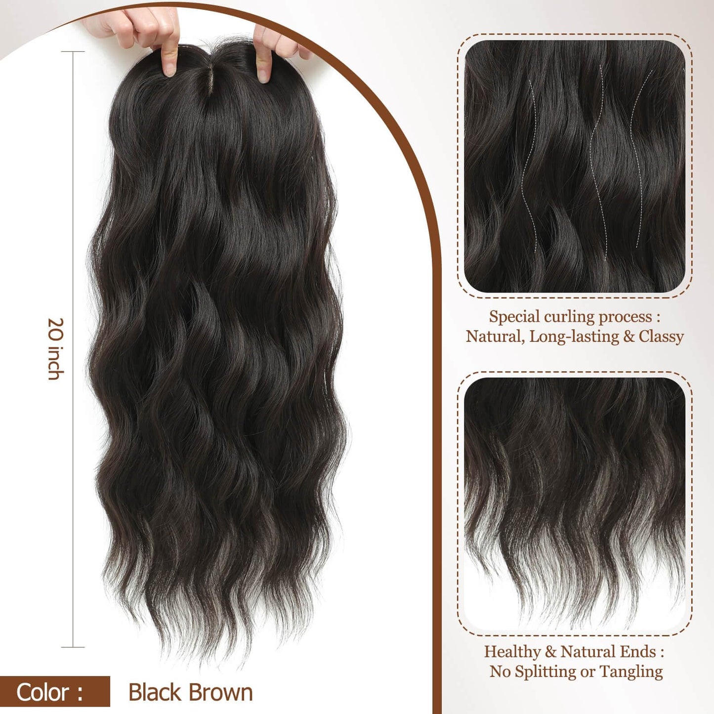 MORICHY 20 Inch Black Brown Long Curly Wavy Synthetic Hair Topper for Women with Bangs Clip in Hair Clip for Women