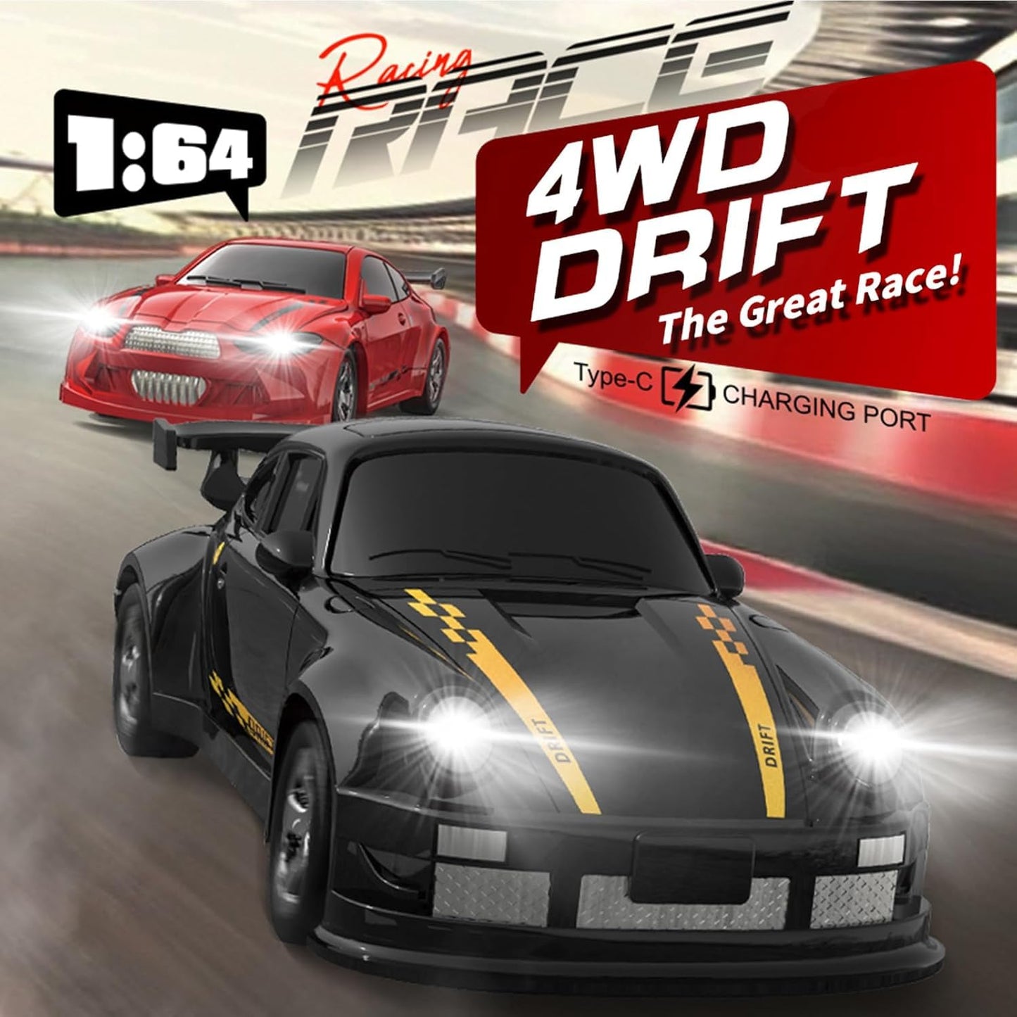 4WD RC Drift Car,1:64 Mini Desktop Remote Control Car for Boys,2.4G Racing Cars LED Lights,Remote Control Racing Cars Toy Gift for Adults Toy Gift 14+ Years(Black)