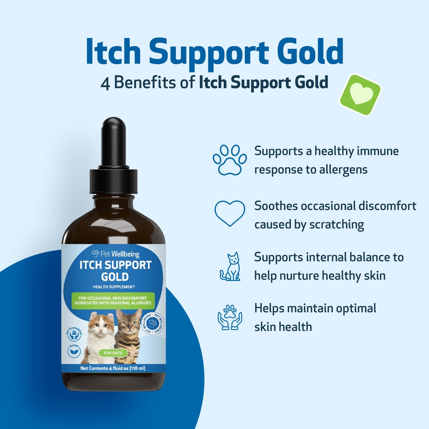 Pet Wellbeing Itch Support Gold for Cats - Occasional Itching, Scratching, and Hot Spots, Environmental and Seasonal Allergies, Dong Quai - Veterinarian-Formulated Herbal Supplement 4 oz (118 ml)