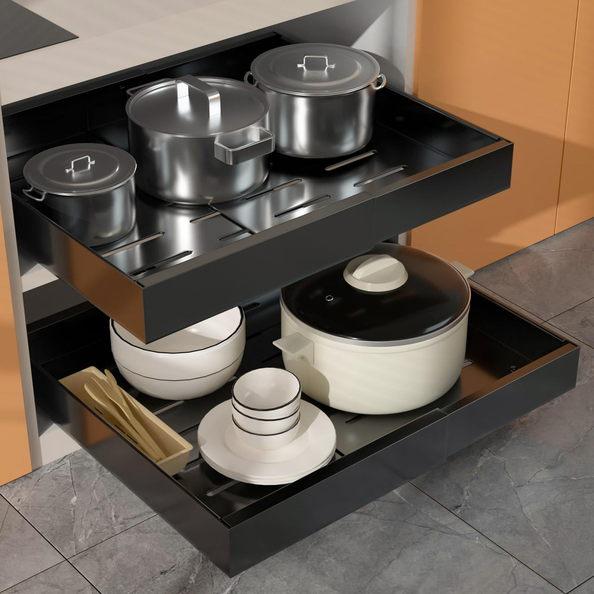 Pull Out Cabinet Organizer 2 PCS, 21" Deep, Expandable(12.4"-20.4") Slide Out Drawers for Kitchen Cabinets Fixed with Adhesive Film for Pots,Pans,Heavy Duty Slide Out Cabinet Organizer and Storage