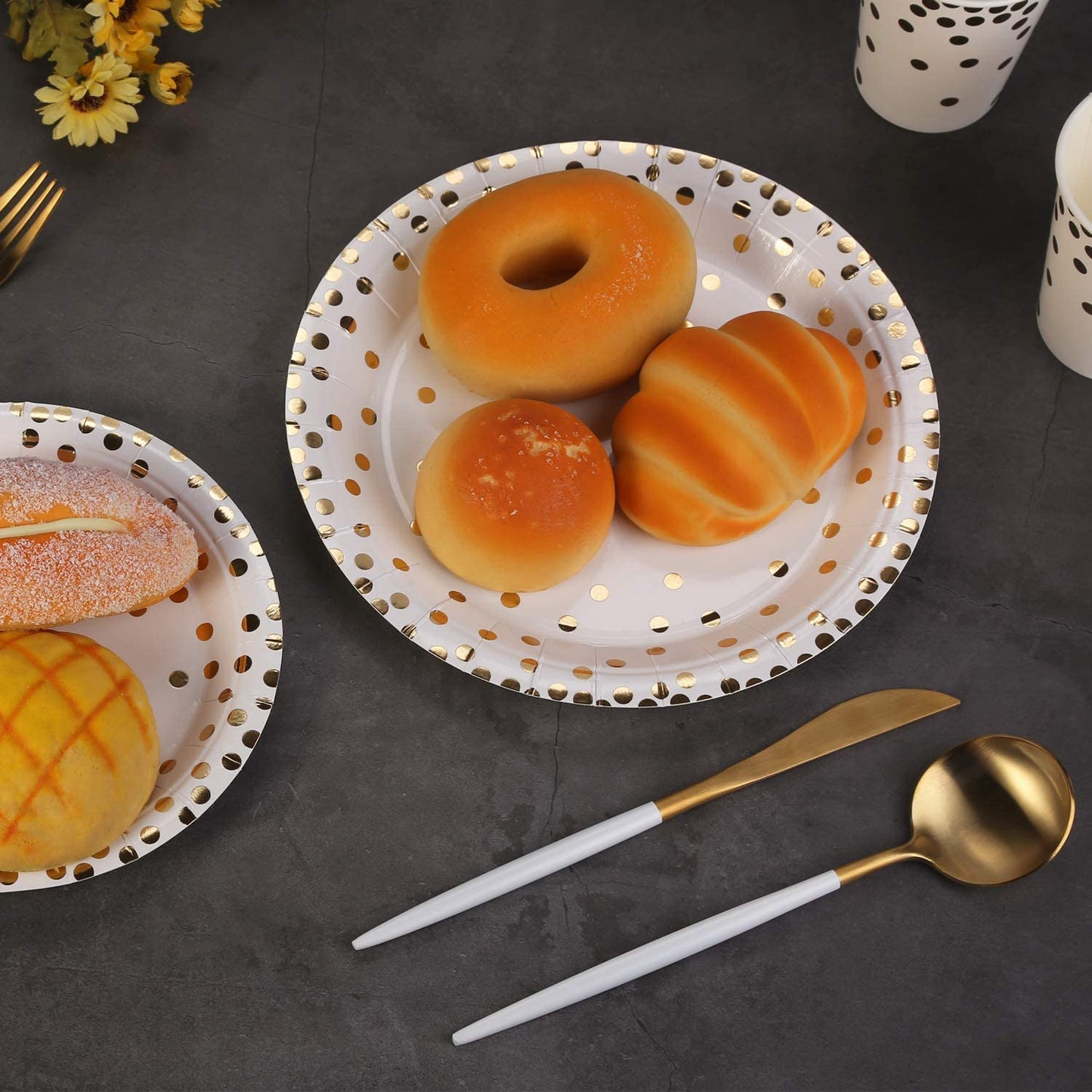 201 PCS Disposable Paper Plates Gold Party Supplies, Golden Polka Dots Birthday and Baptism Decorations, Include Plates and Cups, Napkins, Plastic Tablecloth, for Birthday Party, Engagement, Wedding