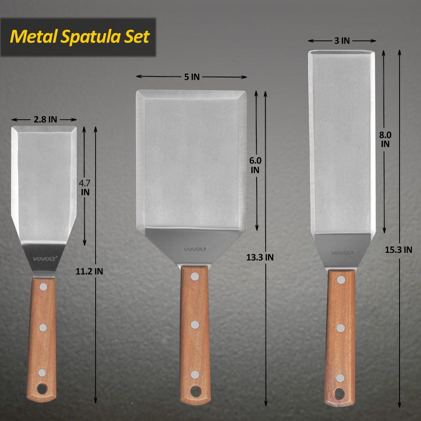 Vovoly Stainless Steel Spatula Set, Heavy Duty Grill Spatula with Full Tang Wooden Handle, Beveled Edges, Perfect for Cast Iron Griddle BBQ Flat Top Grill, Pancake, Burgers
