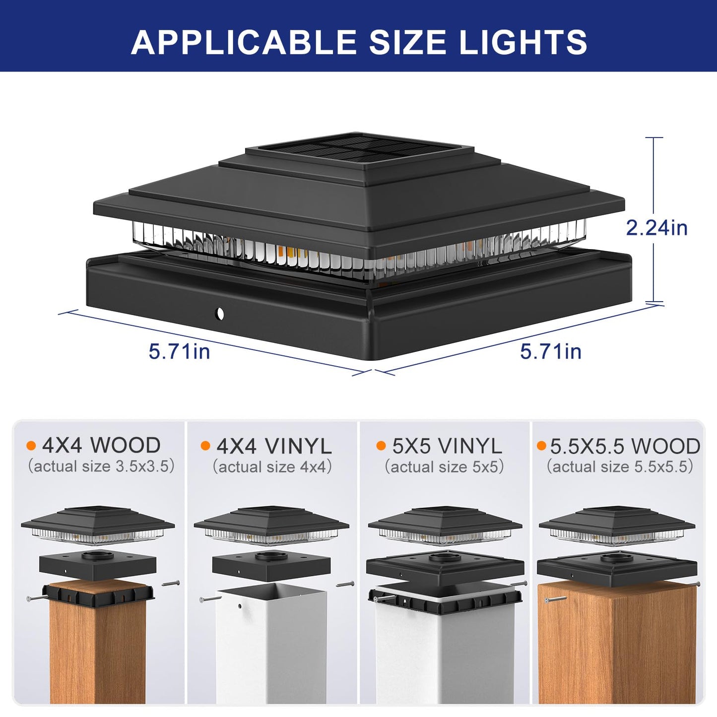 APONUO Solar Post Cap Lights Outdoor 6 Pack, Warm White/Cool White IP65 Waterproof Outdoor for 4X4 6x6 Wood & 4X4 5x5 Vinyl Posts, Auto On/Off Deck Fence Garden Patio Lights Decor, Black