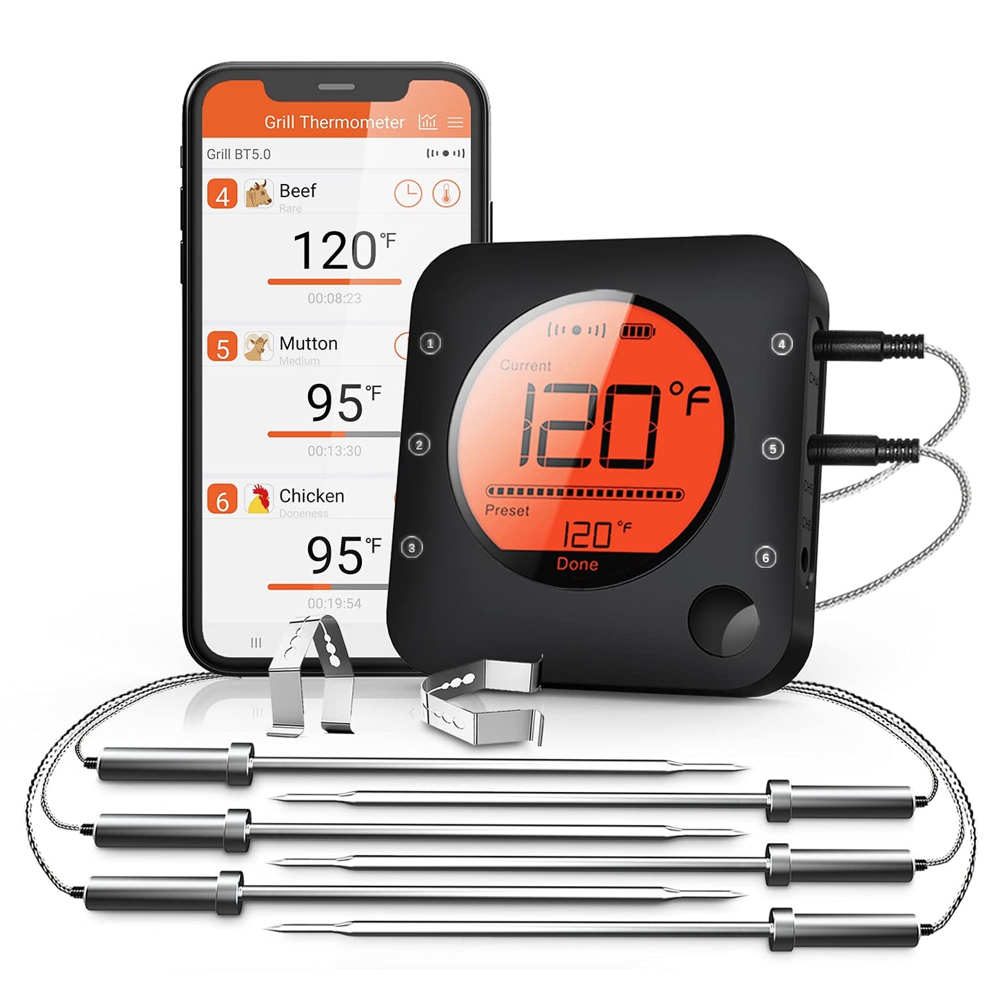 BFOUR Bluetooth Meat Thermometer Wireless Digital Grill Thermometer With 6 Temperature Probes, Large LCD Display for Smoker, Oven and BBQ