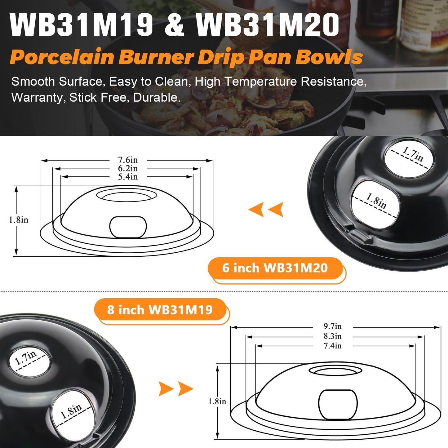 WB31M19 WB31M20 Stove Burner Drip Pans Black Compatible for GE Hotpoint Electric Stove Burner Range Cooktop Includes (2) 6" and (2) 8" black Drip Pans