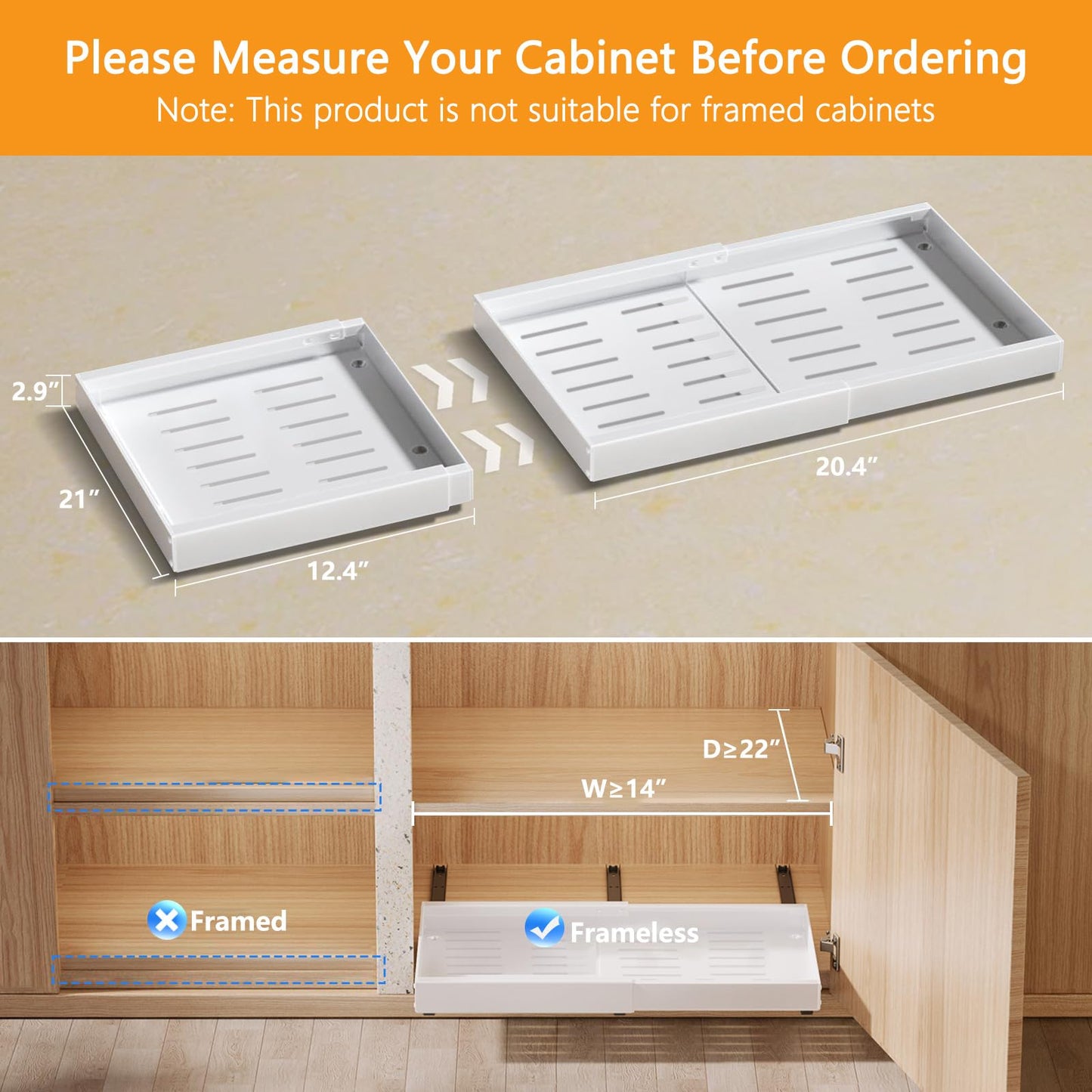 FENGBIAO 2 Pack Expandable Pull Out Cabinet Organizer 21" Deep, Upgrade 3 Slide Rails Slide Out Drawers for Kitchen Cabinets, No Drill Roll Out Shelves Adhesive, Adjustable Width 12.4"-20.4" White