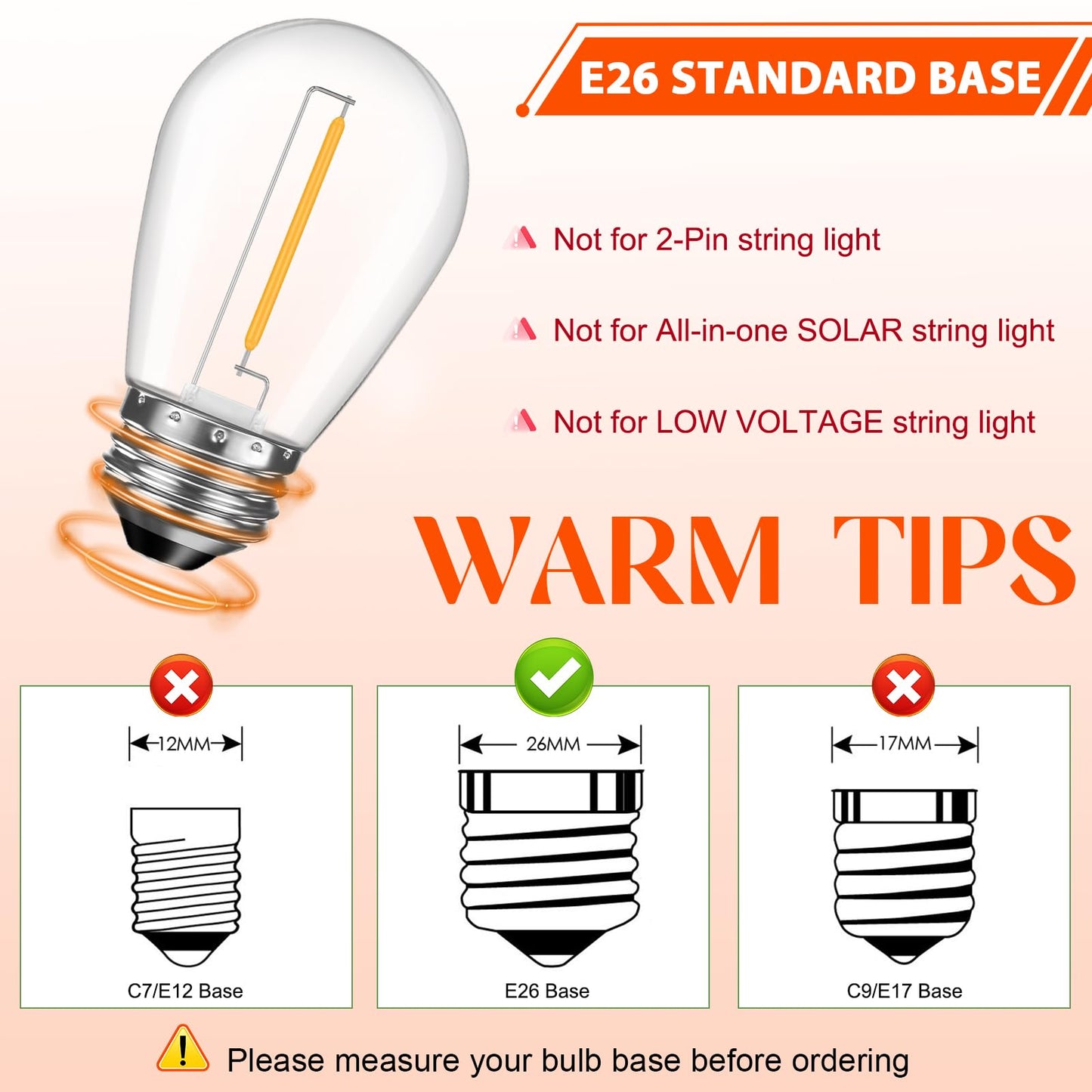GvvooHome 48 Pack Shatterproof LED Replacement Bulbs for Outdoor String Lights, S14 Edison Bulbs for Patio String Lights Outdoor Waterproof, Warm White 2200K, Dimmable, E26 Standard Base