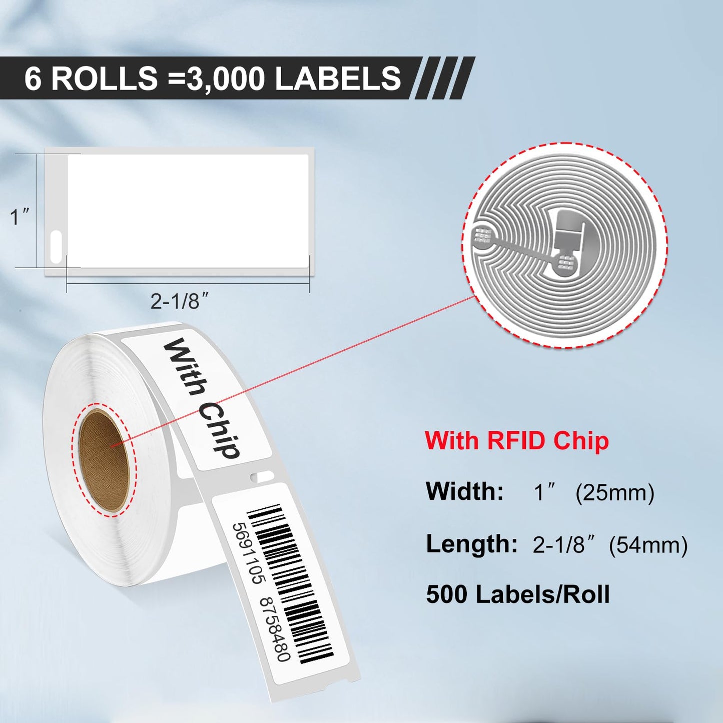 6 Rolls Address & Barcode Label with RFID Chip, Compatible for DYMO 30252 Labels(1-1/8" x 3-1/2"), Black Print, White Label, Compatible with DYMO Labelwriter 450, 4XL, 550, 5XL (350 Labels/Roll)