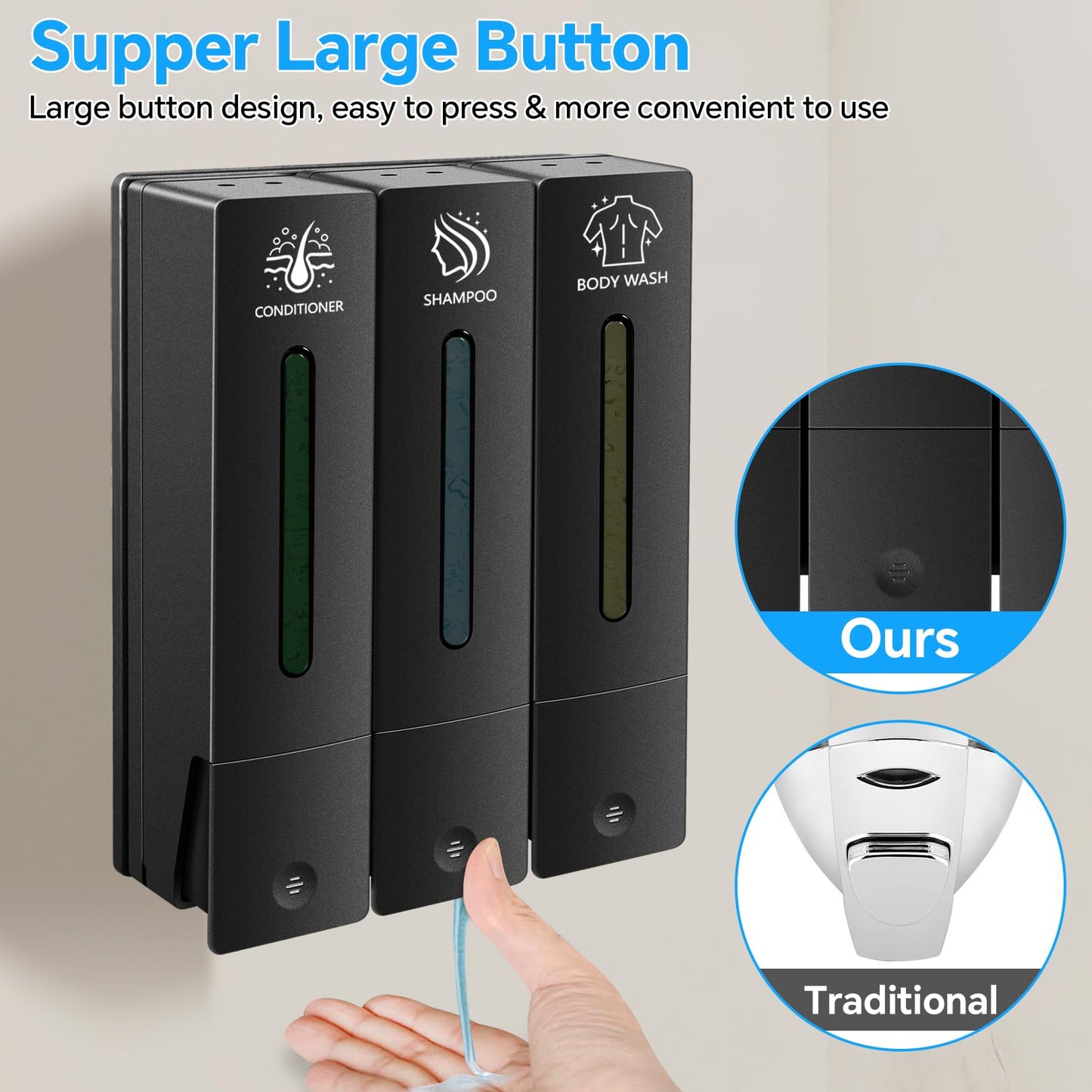 Volufia Shampoo and Conditioner Dispenser, Shower Soap Dispenser, Shower Dispenser 3 Chamber No Drill, Body Wash Dispenser Wall Mounted for Bathroom Hotel 3x400ML, Black