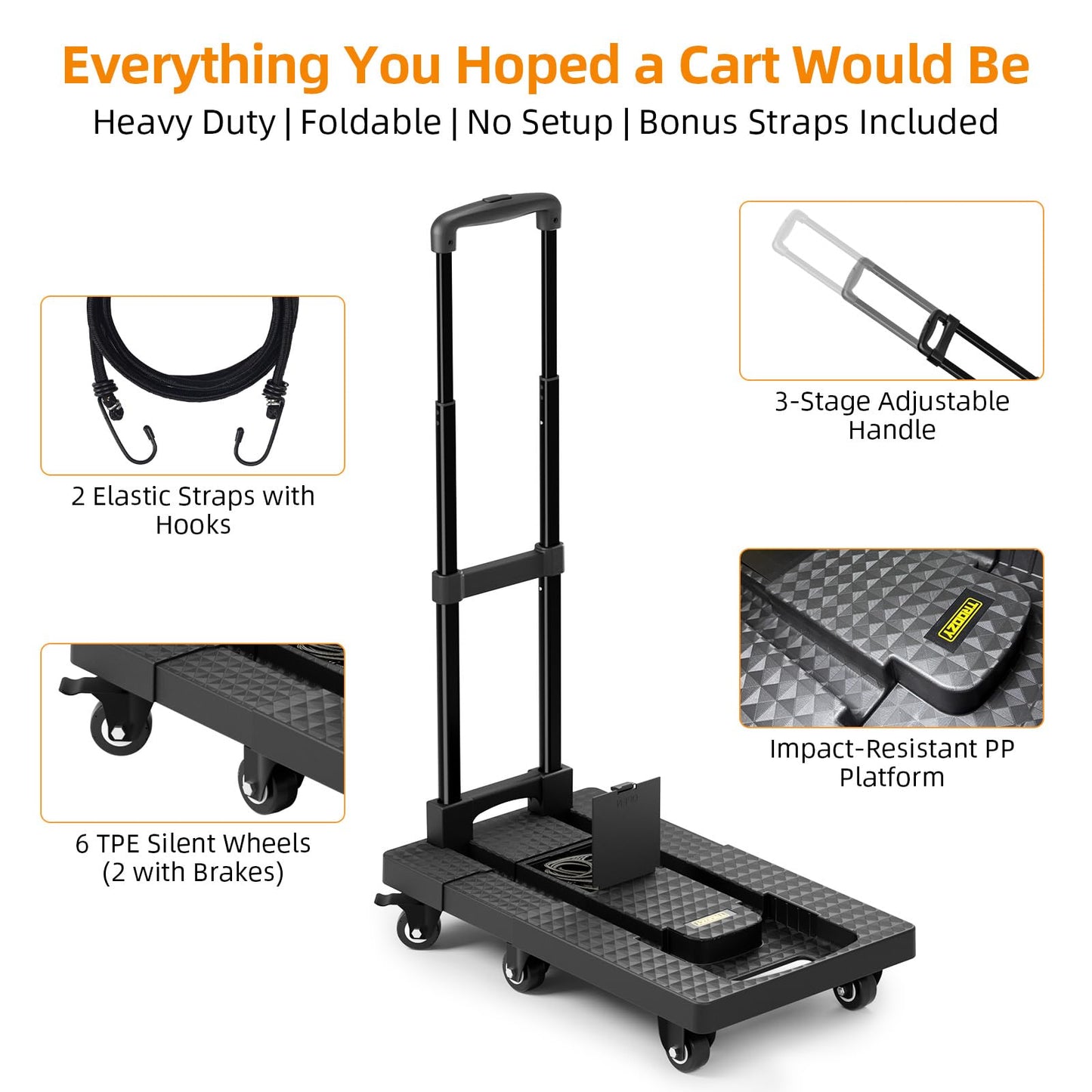 Folding Hand Trucks, Heavy Duty Dolly Cart with 6 Wheels & 2 Elastic Ropes, Foldable & Ideal for Luggage, Travel, Moving, Shopping, Office Use, Hold Up to 500 LB, Easy to Store, Black