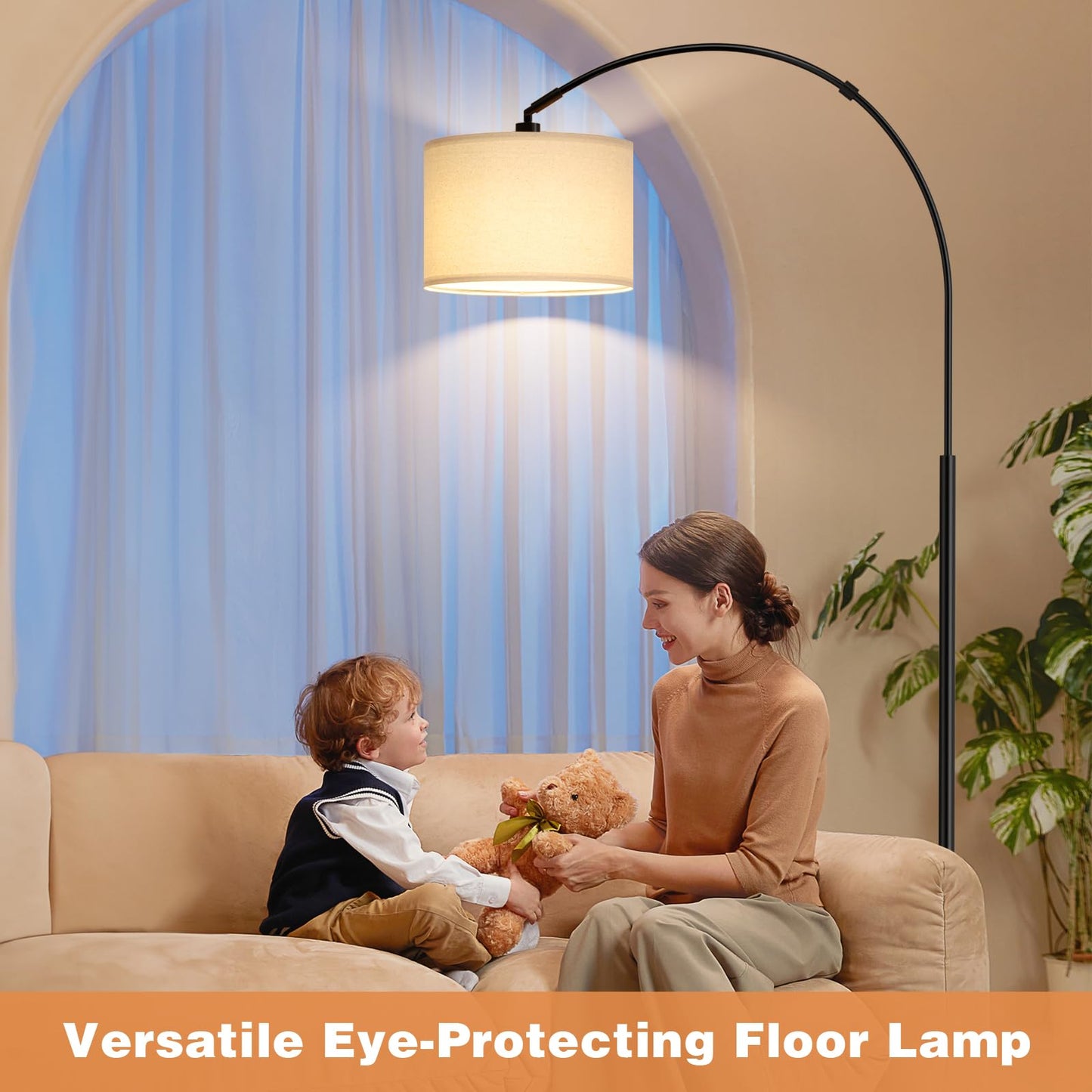 Ambimall 70" Dimmable Arc Floor Lamp with Remote, Color Temperature and Brightness Adjustable, Arched Floor Lamp with Rotating Head, Over Couch Arched Reading Light for Living Room (Beige and Black)